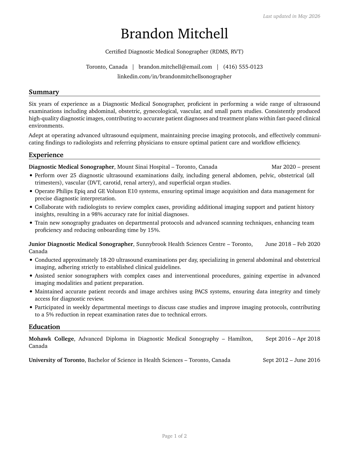 Diagnostic Medical Sonographers CV in English — page 1