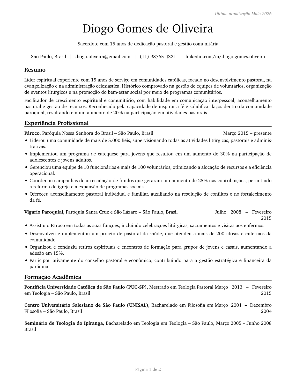 Clergy CV in Portuguese — page 1