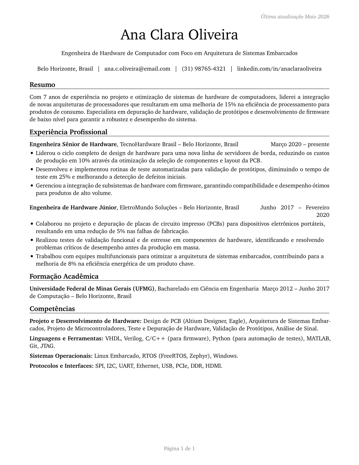 Computer Hardware Engineers CV in Portuguese — page 1