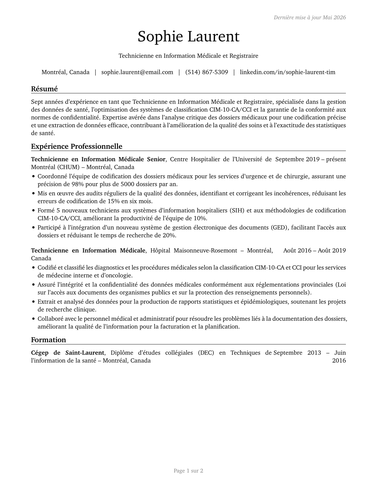 Health Information Technologists and Medical Registrars CV in French — page 1