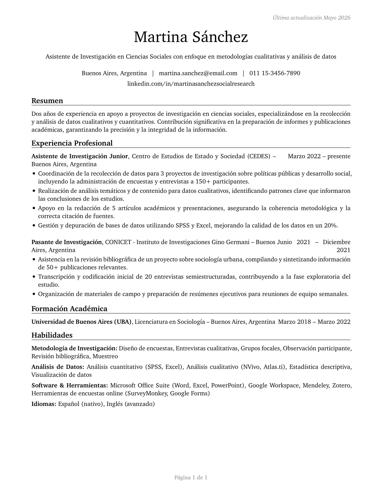 Social Science Research Assistants CV in Spanish — page 1