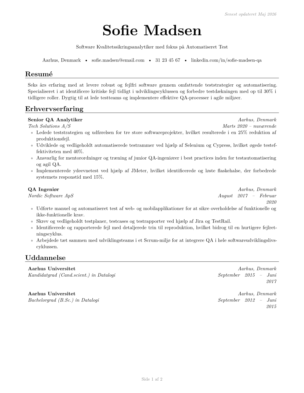 Software Quality Assurance Analysts and Testers CV in Danish — page 1