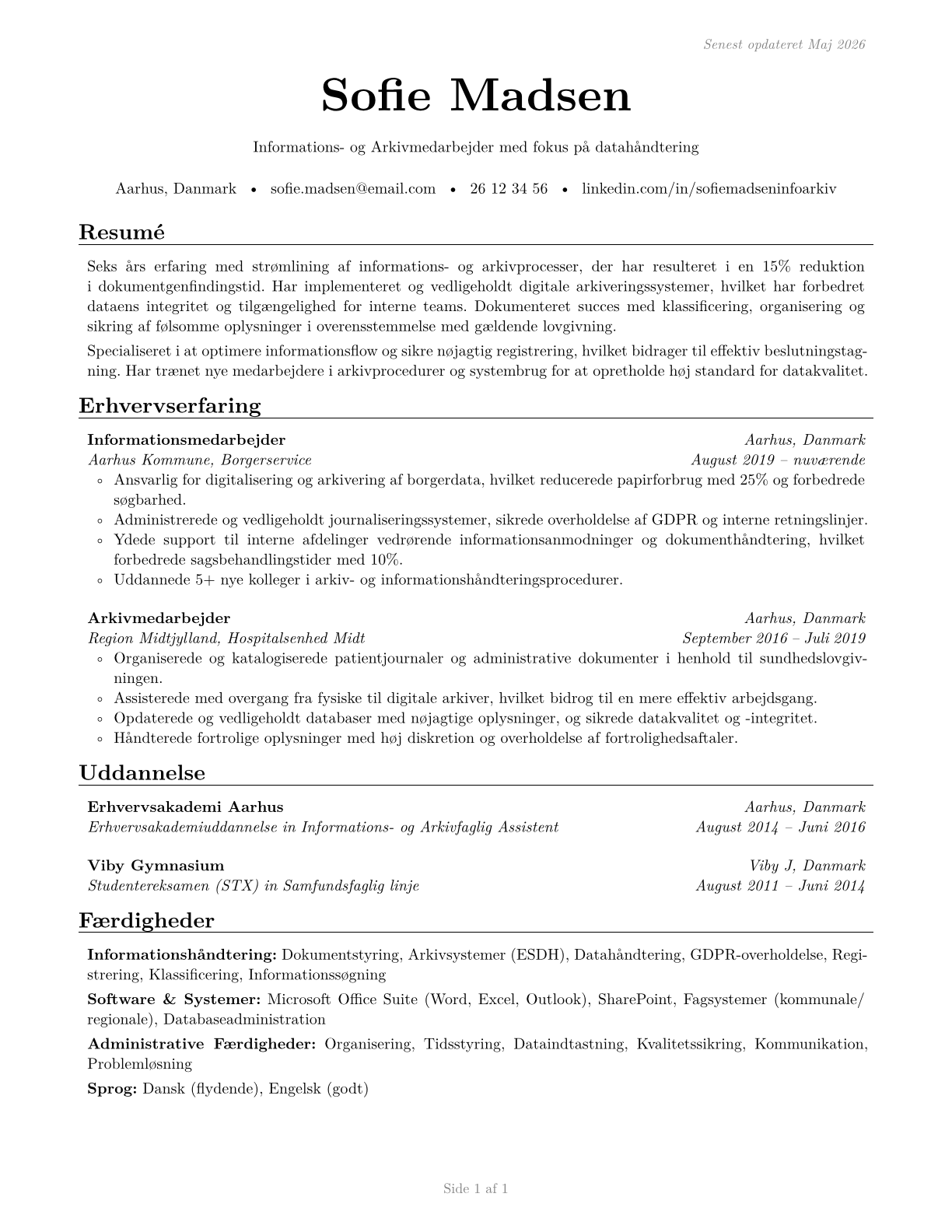 Information and Record Clerks, All Other CV in Danish — page 1