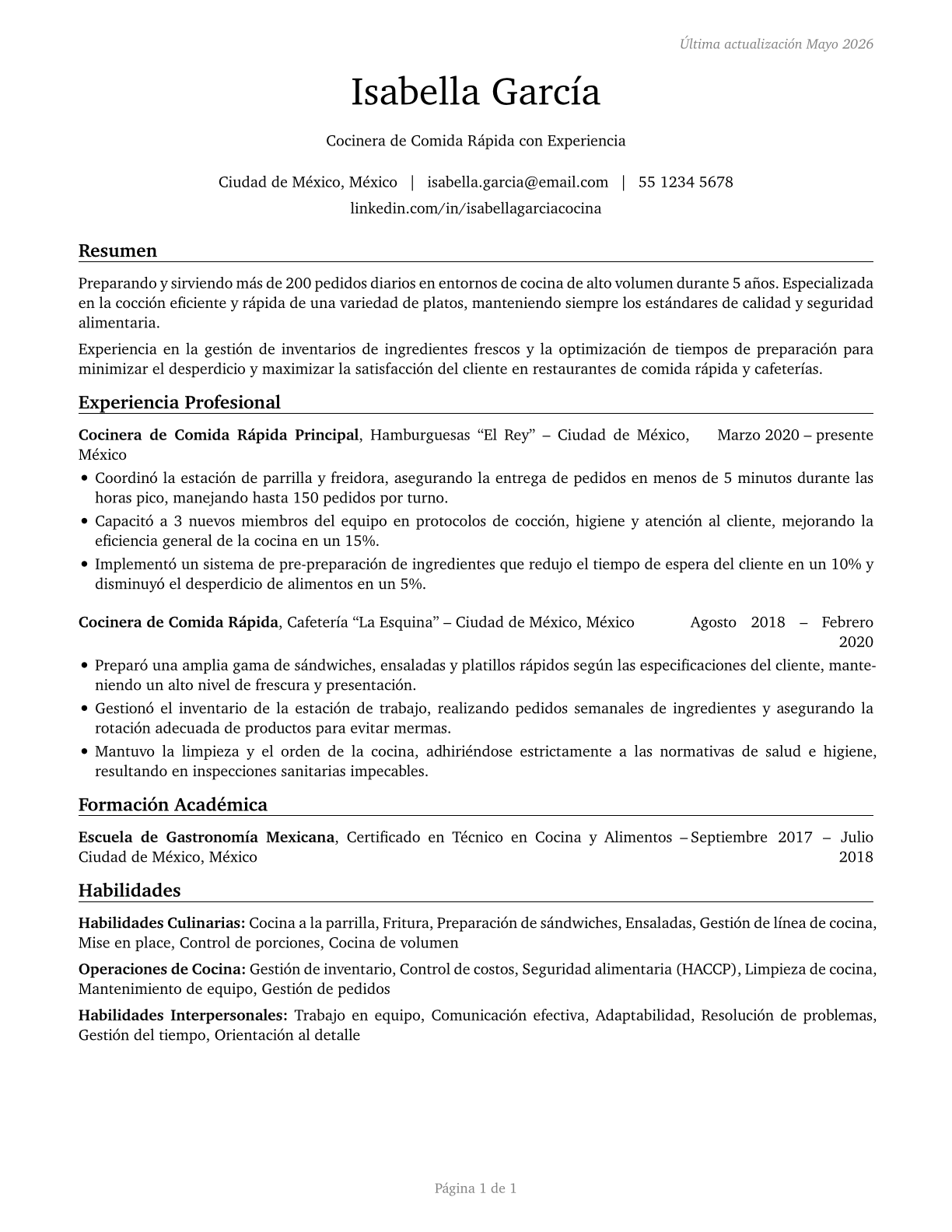 Cooks, Short Order CV in Spanish — page 1