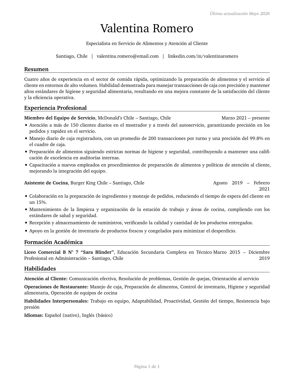 Fast Food and Counter Workers CV in Spanish — page 1