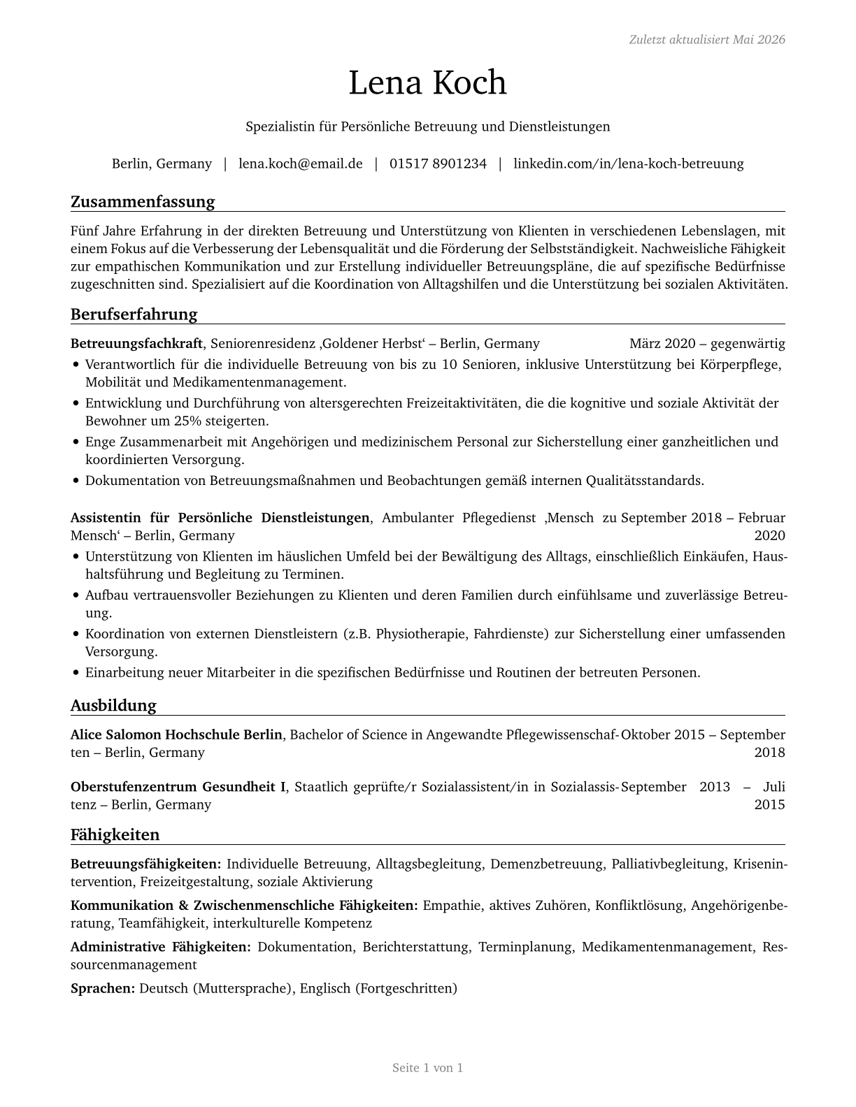 Personal Care and Service Workers, All Other CV in German — page 1