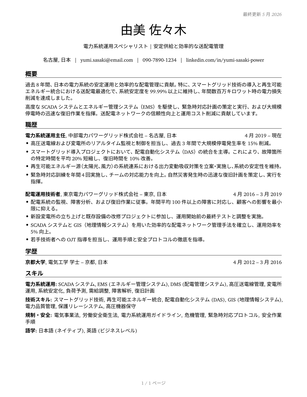 Power Distributors and Dispatchers CV in Japanese — page 1