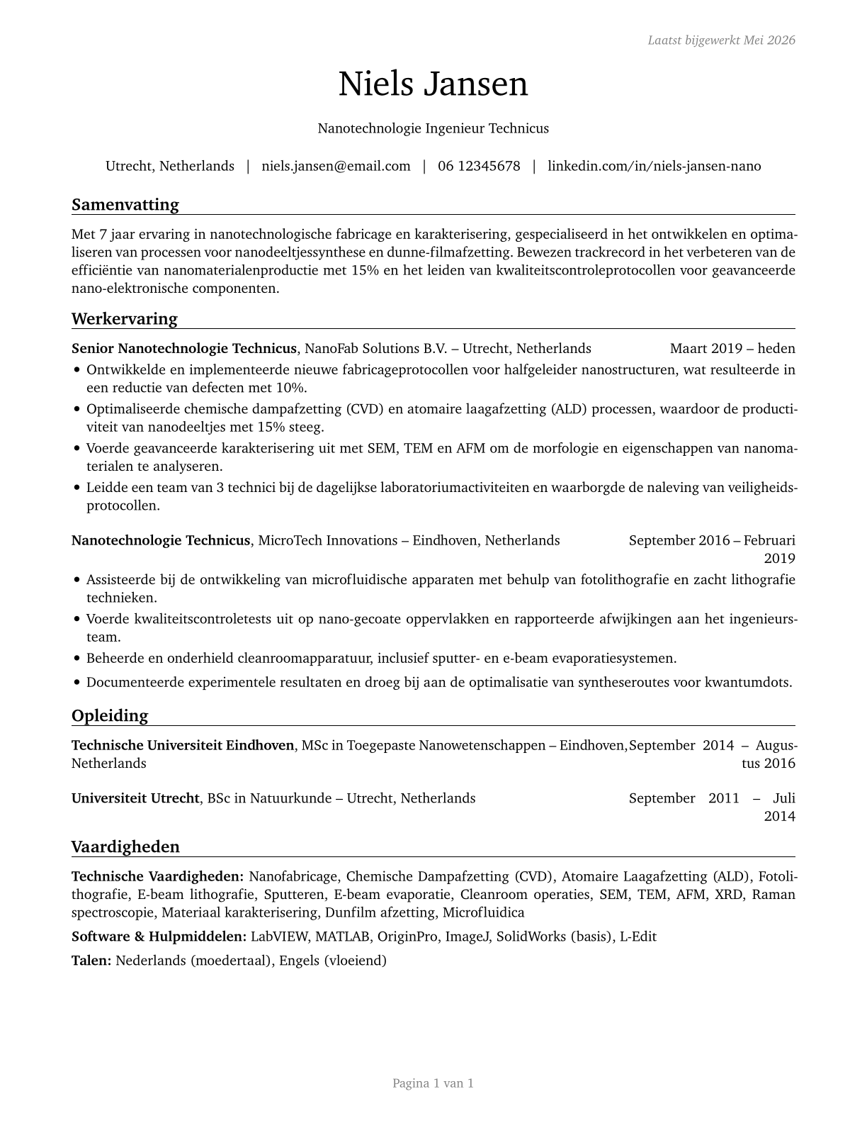 Nanotechnology Engineering Technologists and Technicians CV in Dutch — page 1