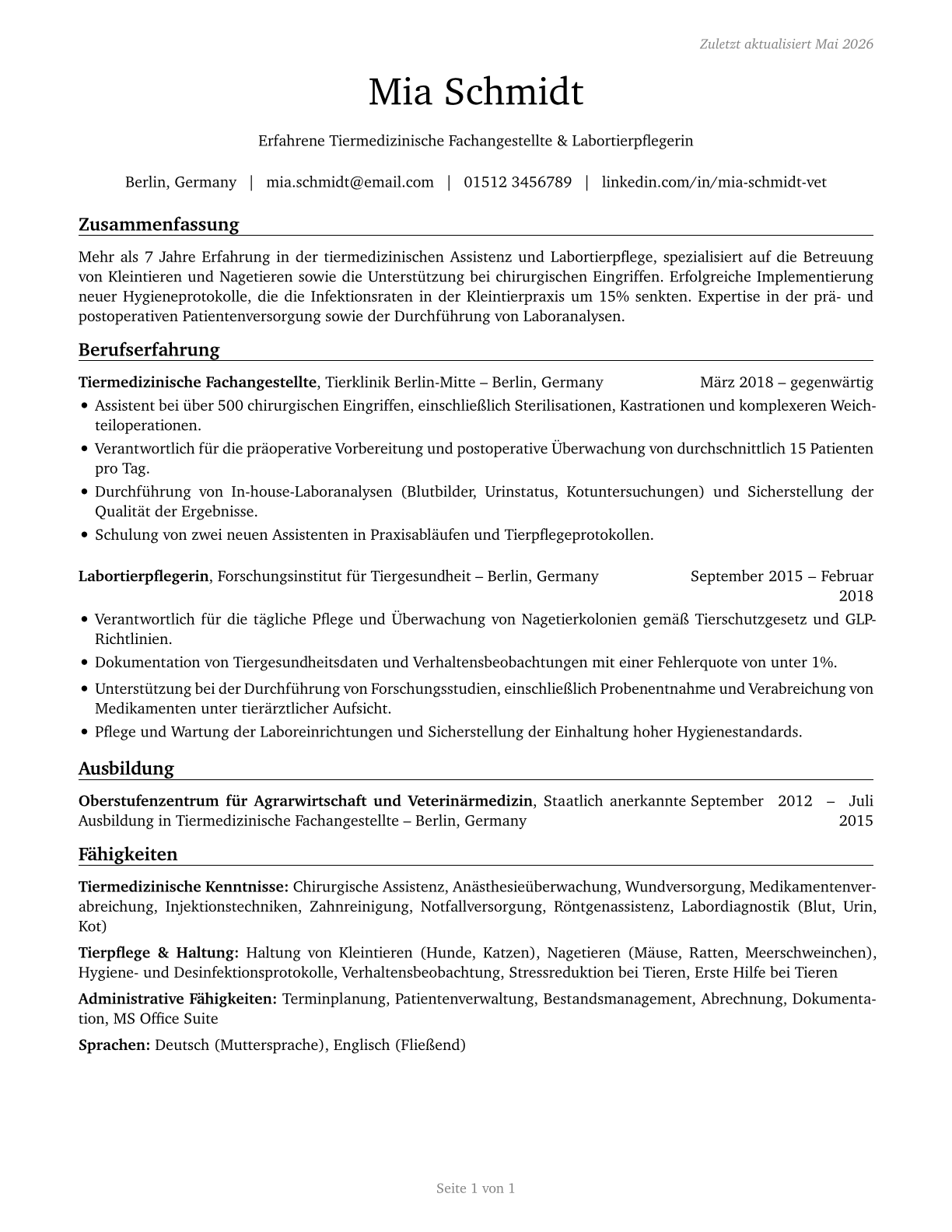 Veterinary Assistants and Laboratory Animal Caretakers CV in German — page 1