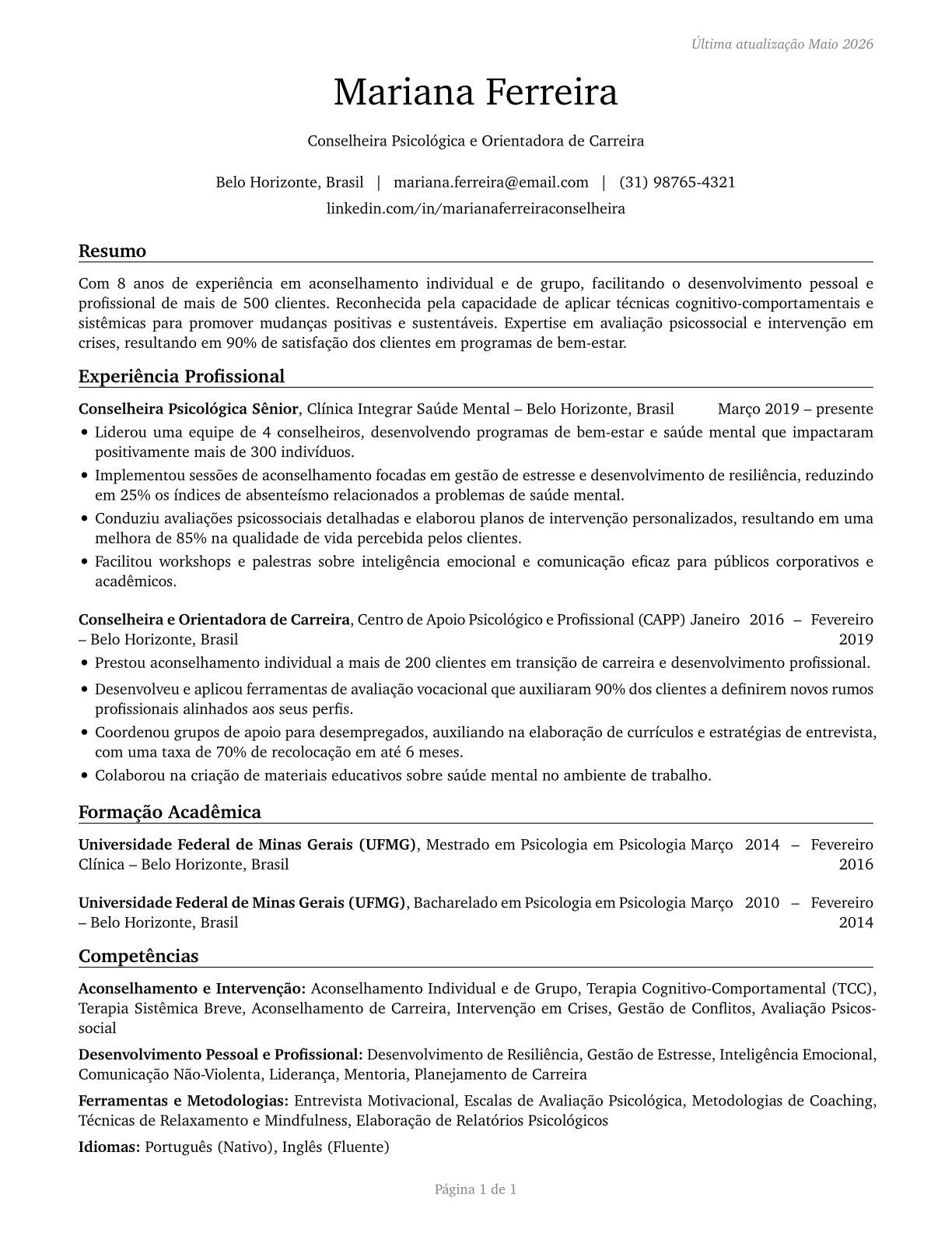 Counselors, All Other CV in Portuguese — page 1