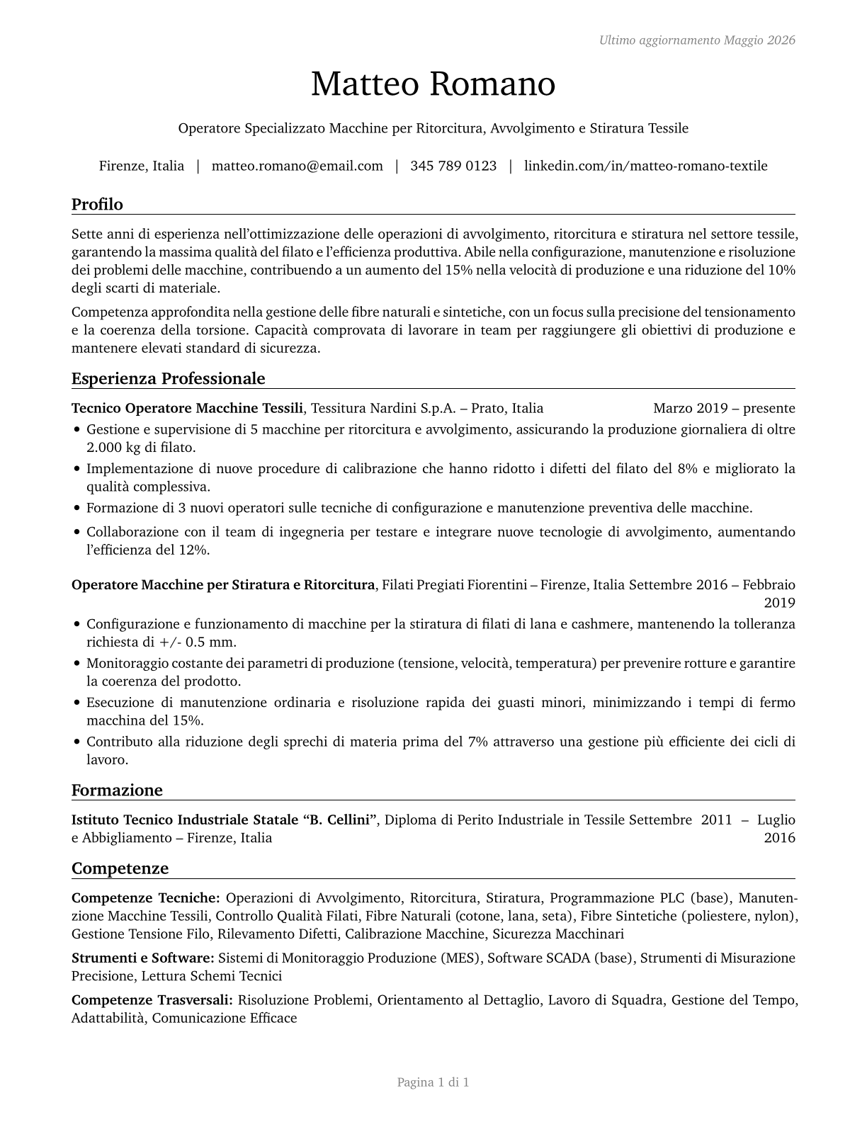 Textile Winding, Twisting, and Drawing Out Machine Setters, Operators, and Tenders CV in Italian — page 1