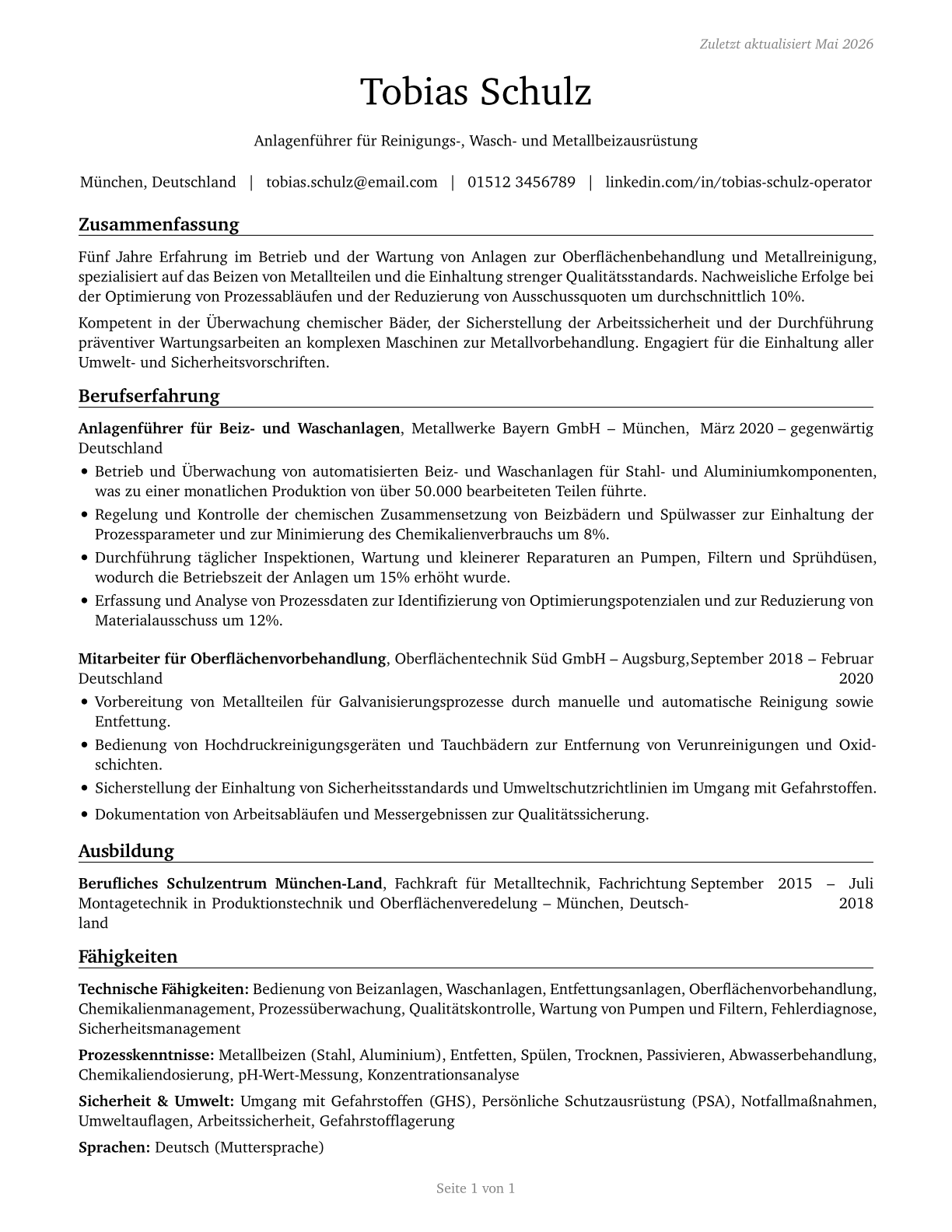 Cleaning, Washing, and Metal Pickling Equipment Operators and Tenders CV in German — page 1