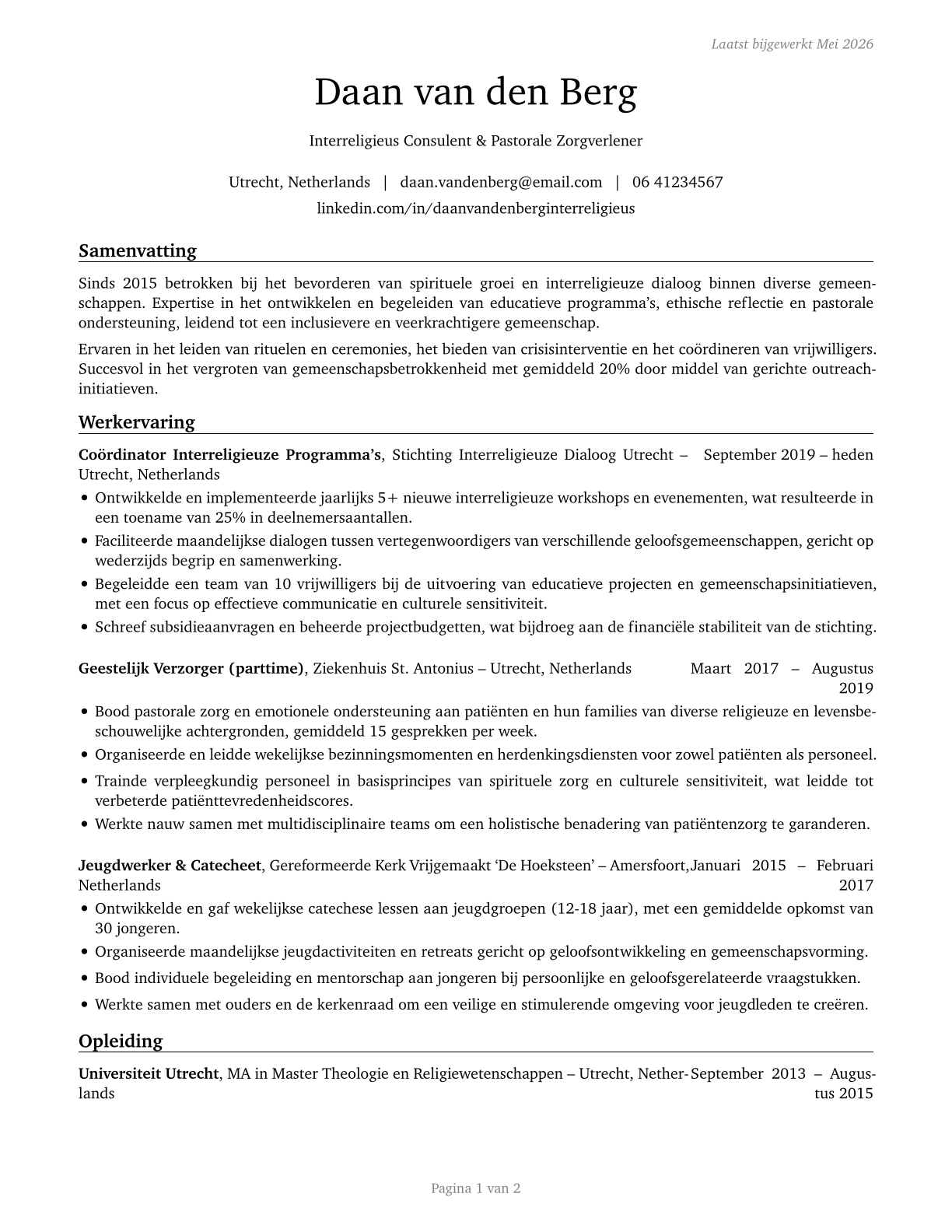 Religious Workers, All Other CV in Dutch — page 1