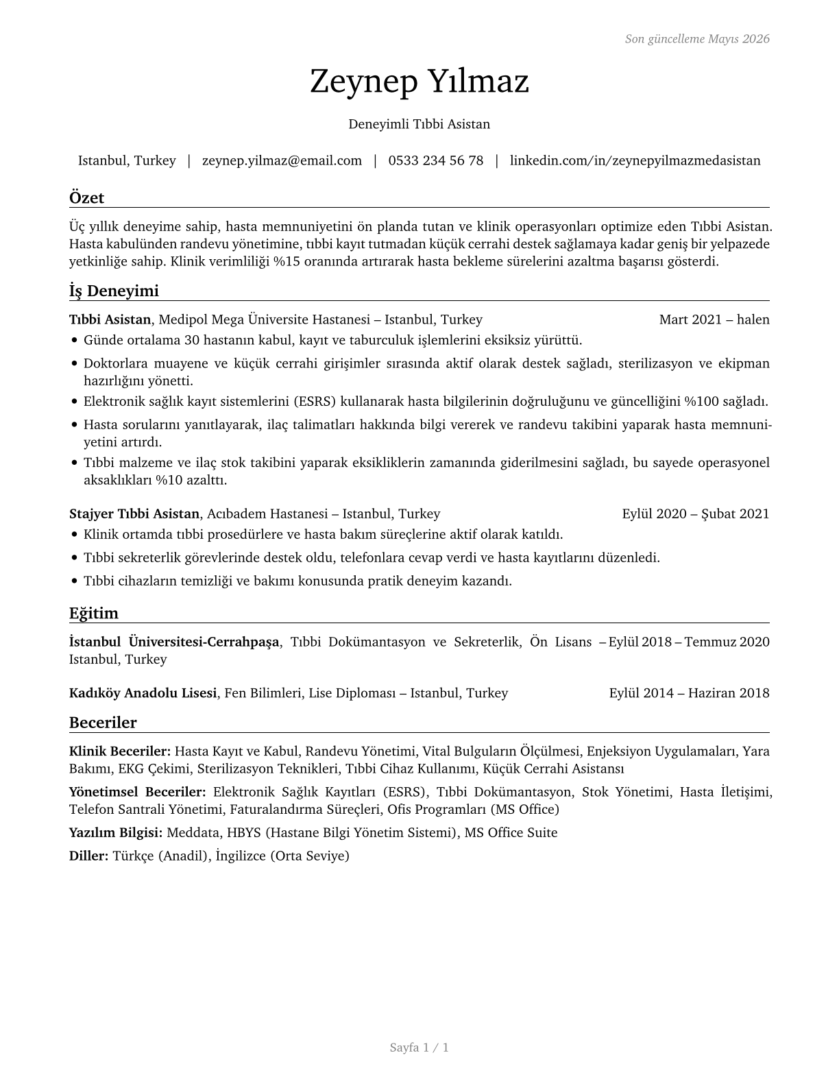 Medical Assistants CV in Turkish — page 1