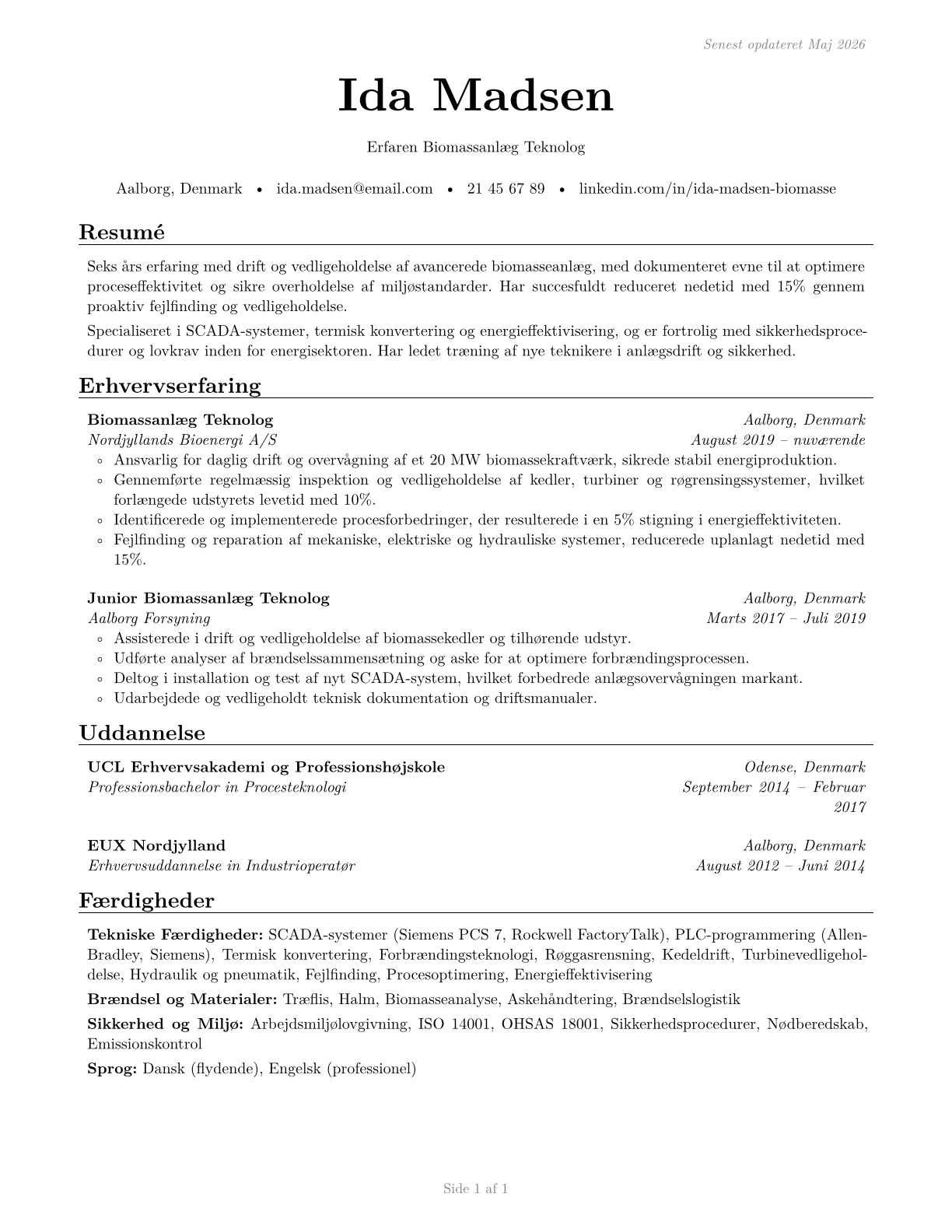 Biomass Plant Technicians CV in Danish — page 1