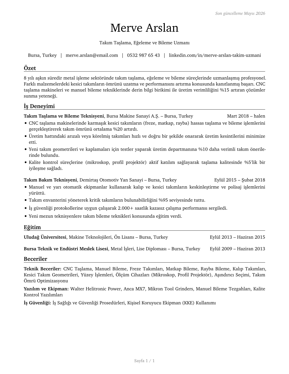 Tool Grinders, Filers, and Sharpeners CV in Turkish — page 1
