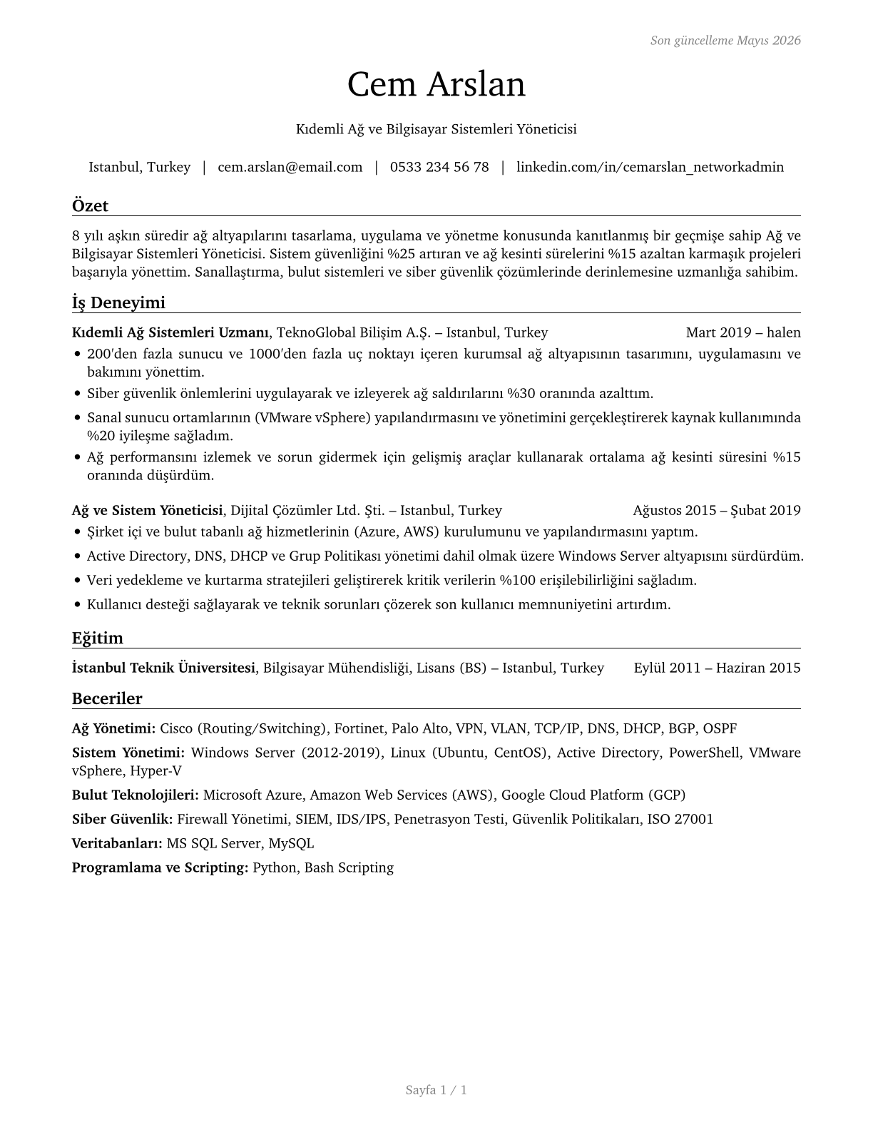 Network and Computer Systems Administrators CV in Turkish — page 1