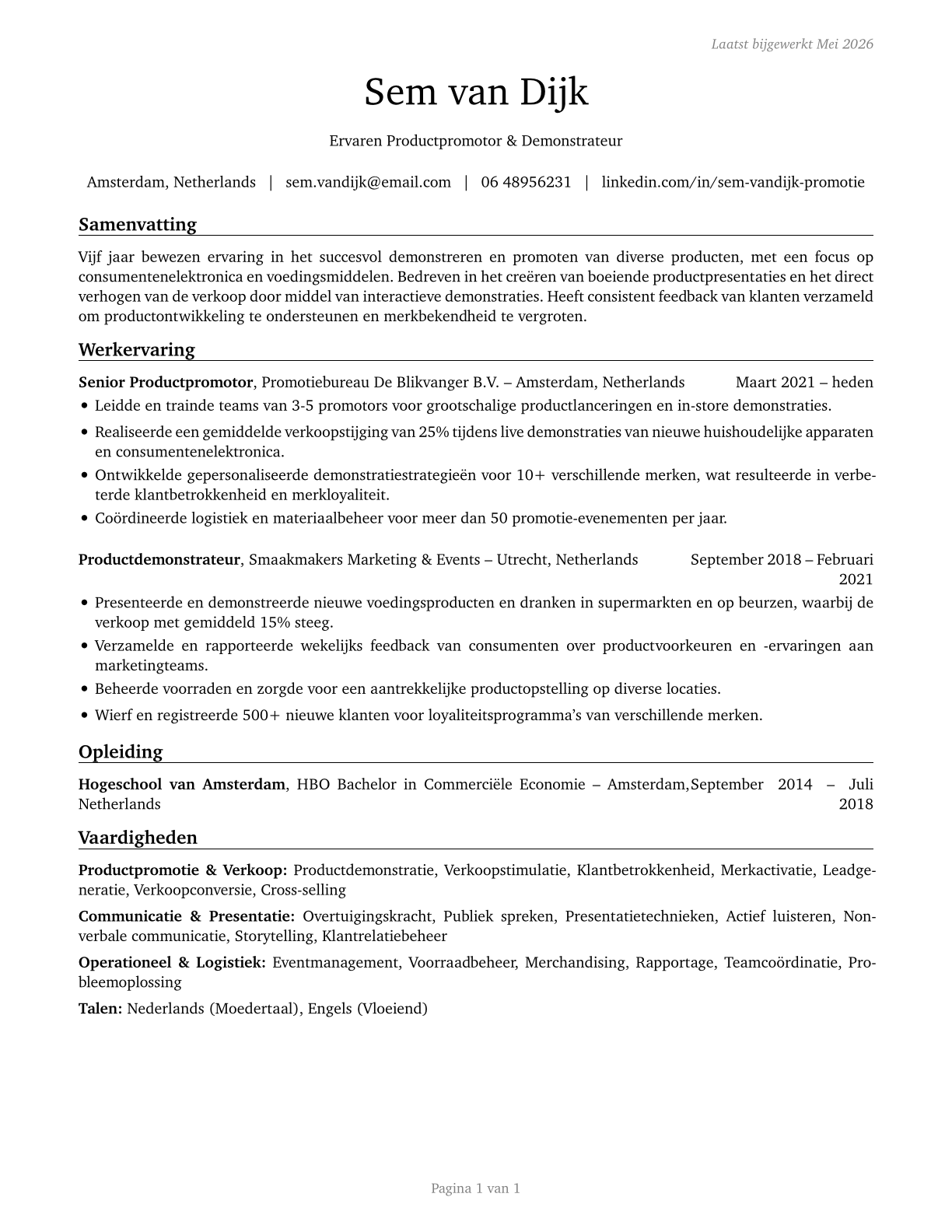 Demonstrators and Product Promoters CV in Dutch — page 1
