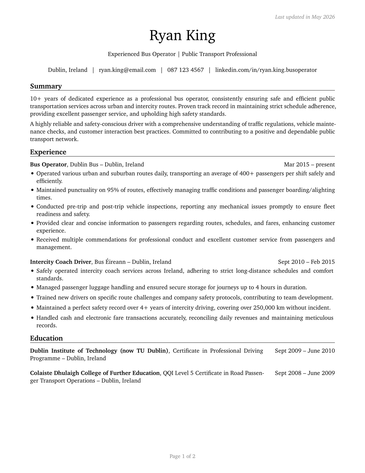 Bus Drivers, Transit and Intercity CV in English — page 1