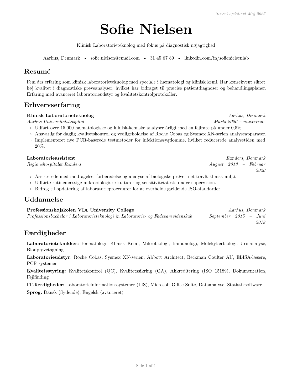 Medical and Clinical Laboratory Technologists CV in Danish — page 1