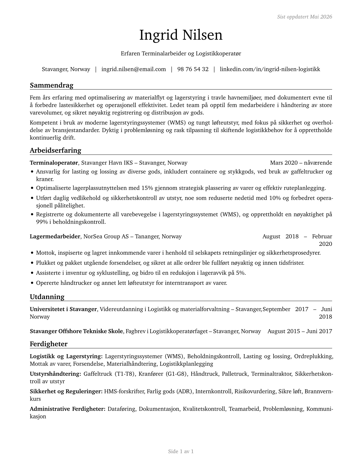 Material Moving Workers, All Other CV in Norwegian_bokmal — page 1