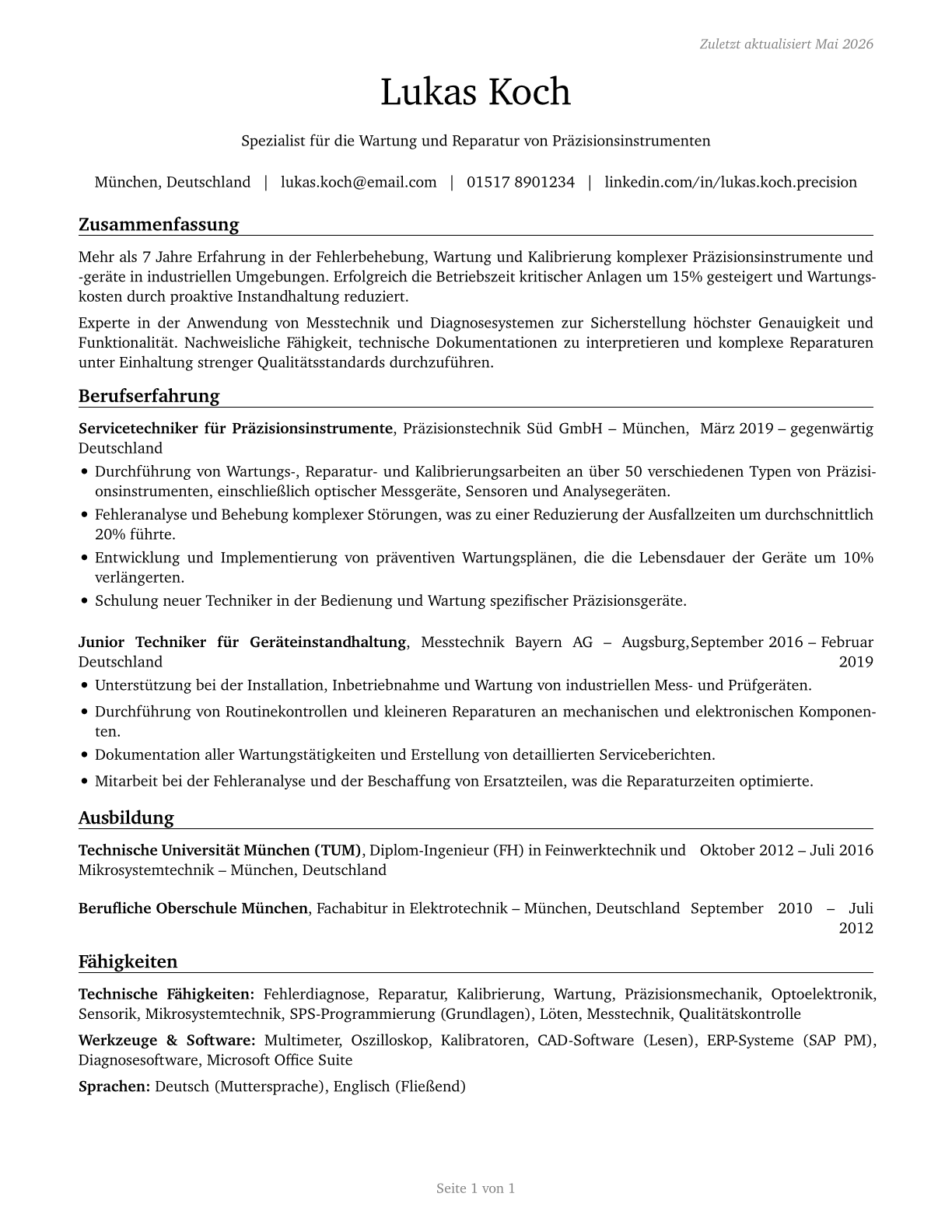Precision Instrument and Equipment Repairers, All Other CV in German — page 1