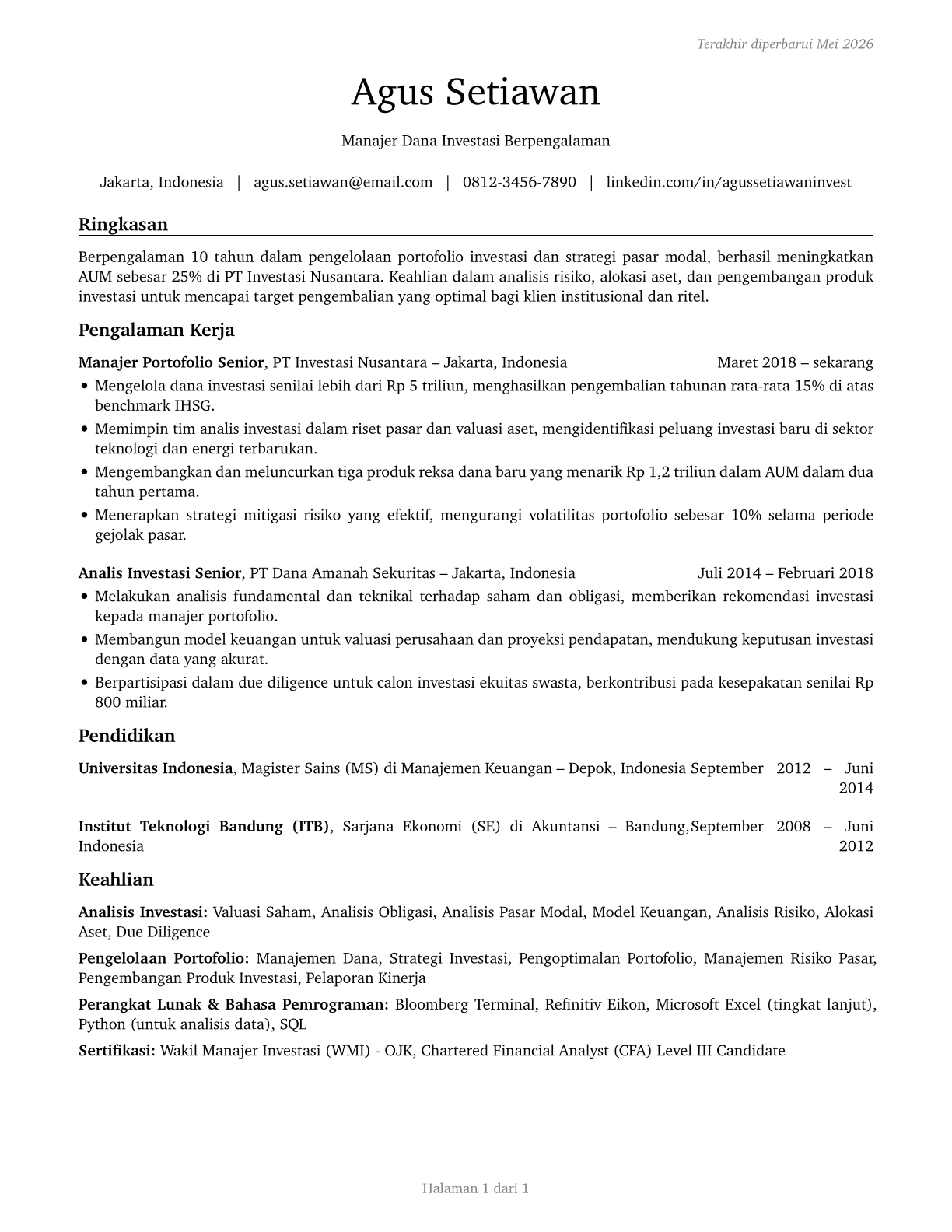 Investment Fund Managers CV in Indonesian — page 1
