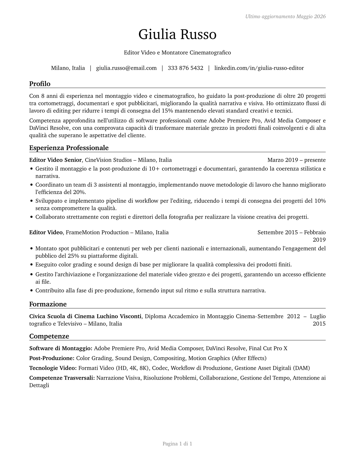 Film and Video Editors CV in Italian — page 1