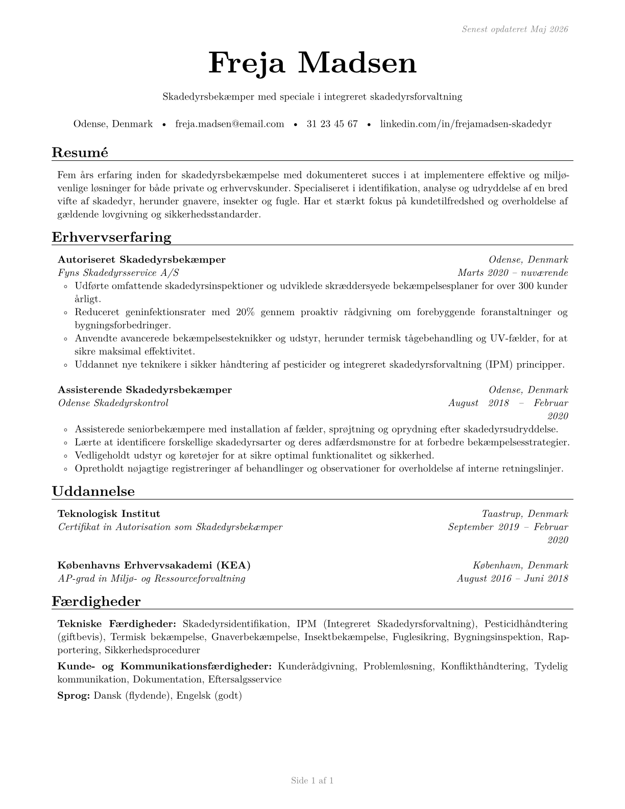 Pest Control Workers CV in Danish — page 1