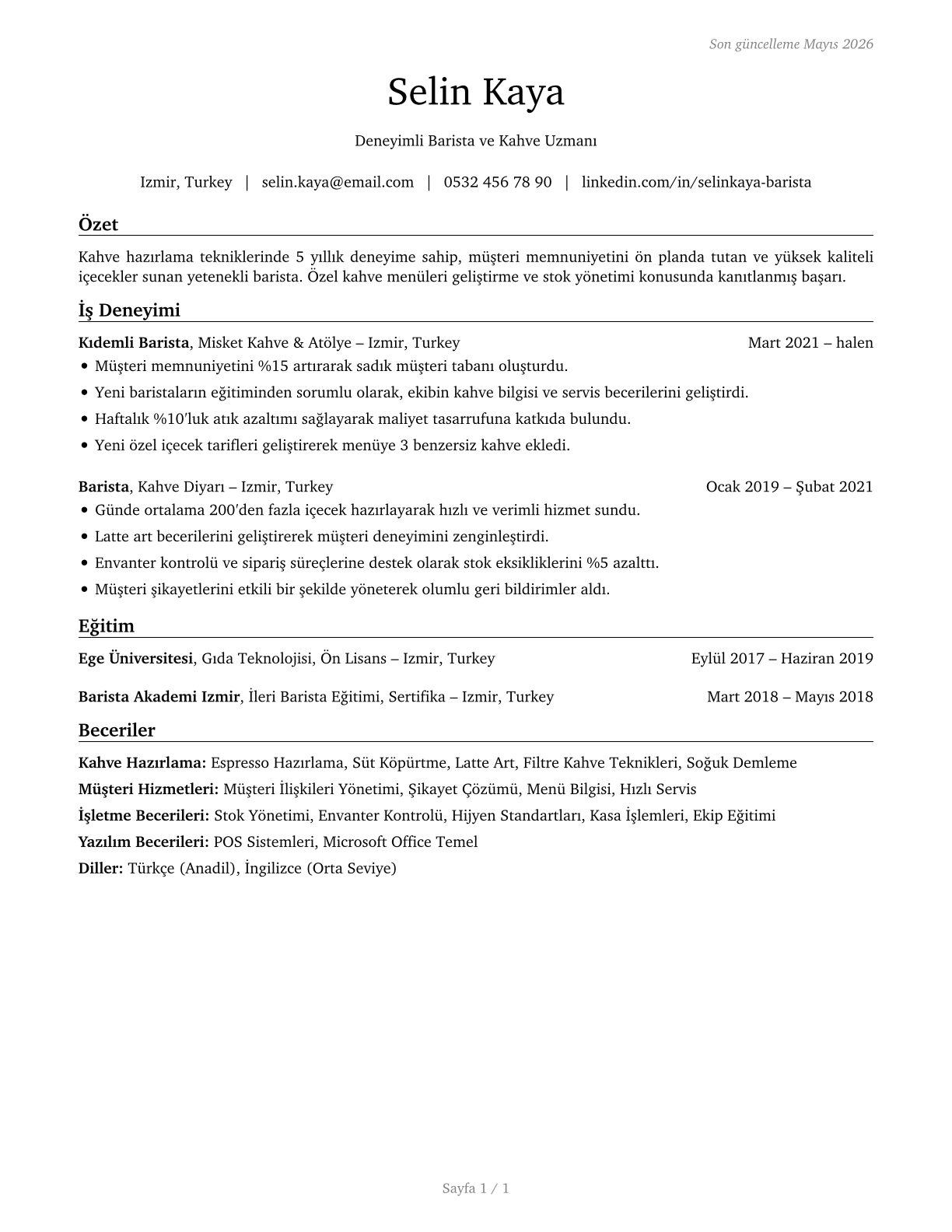 Baristas CV in Turkish — page 1