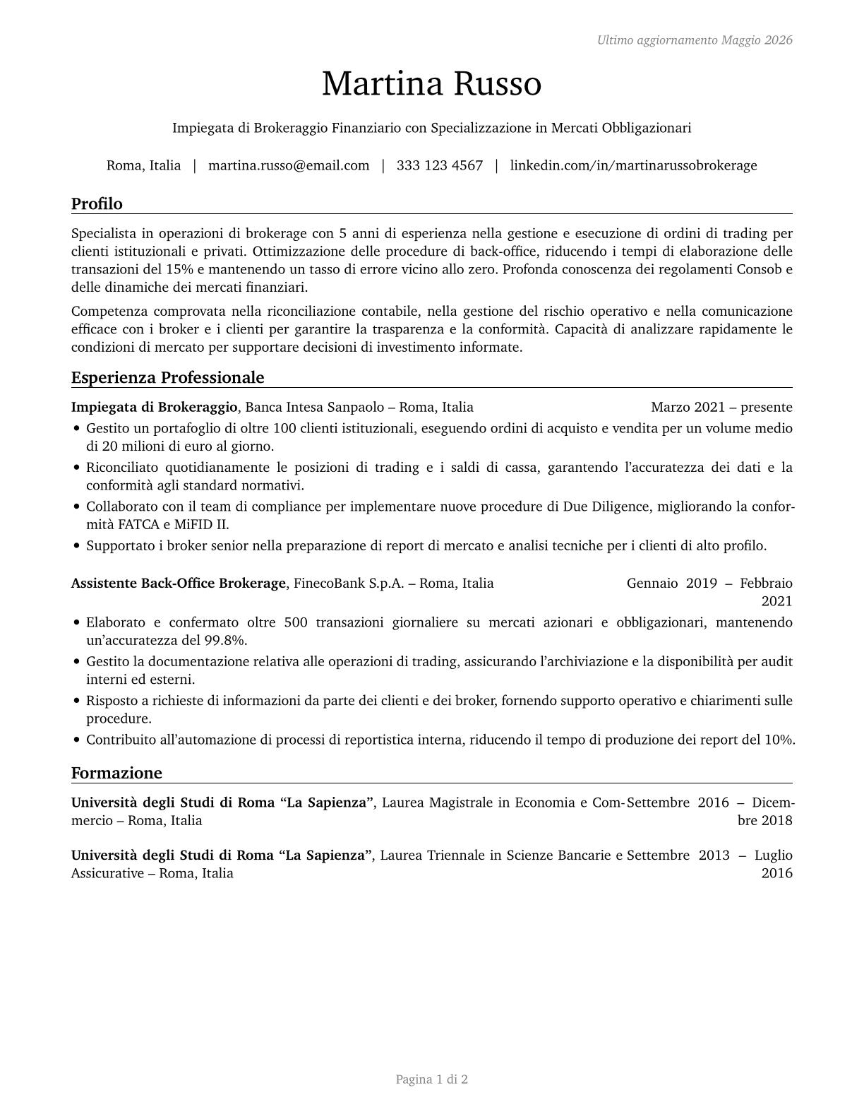 Brokerage Clerks CV in Italian — page 1