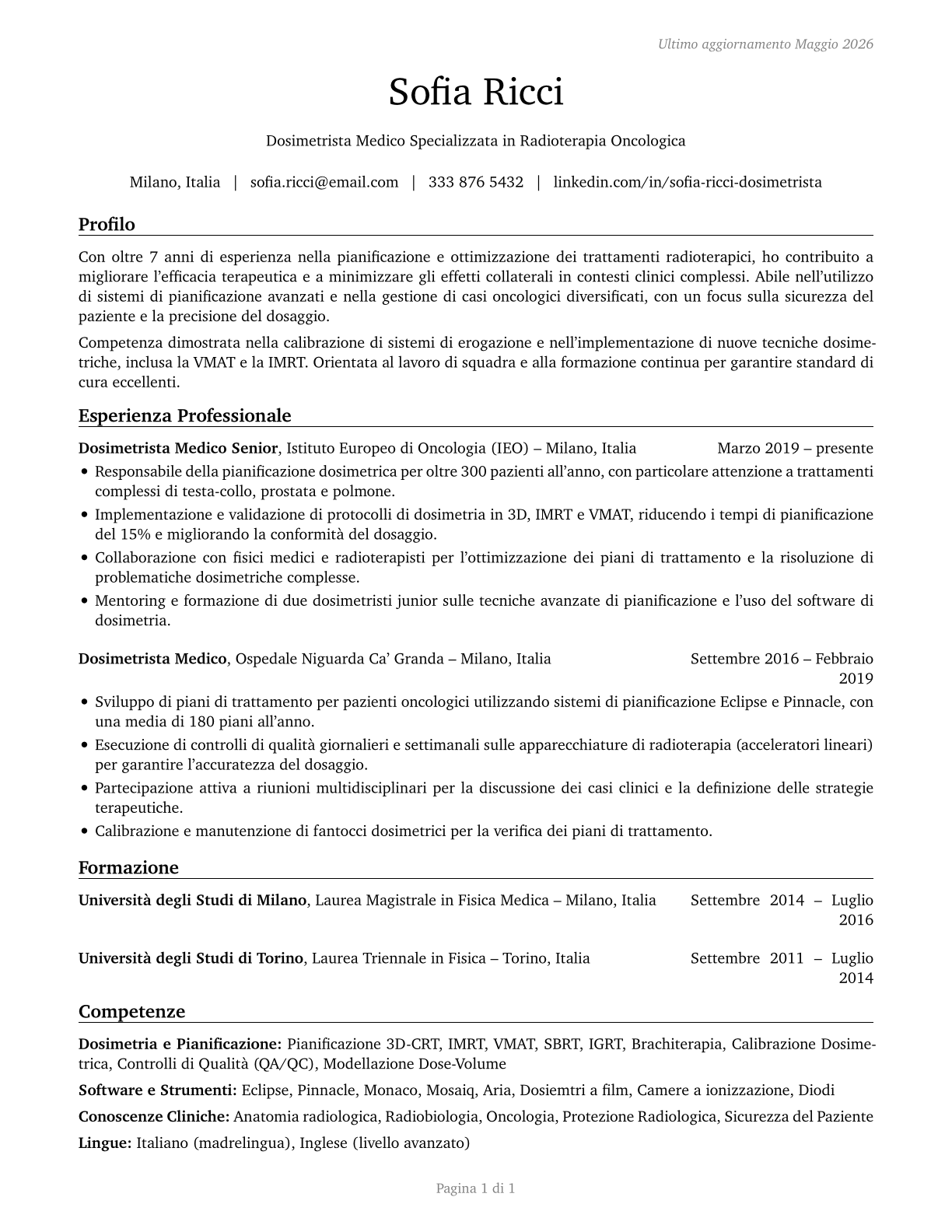 Medical Dosimetrists CV in Italian — page 1