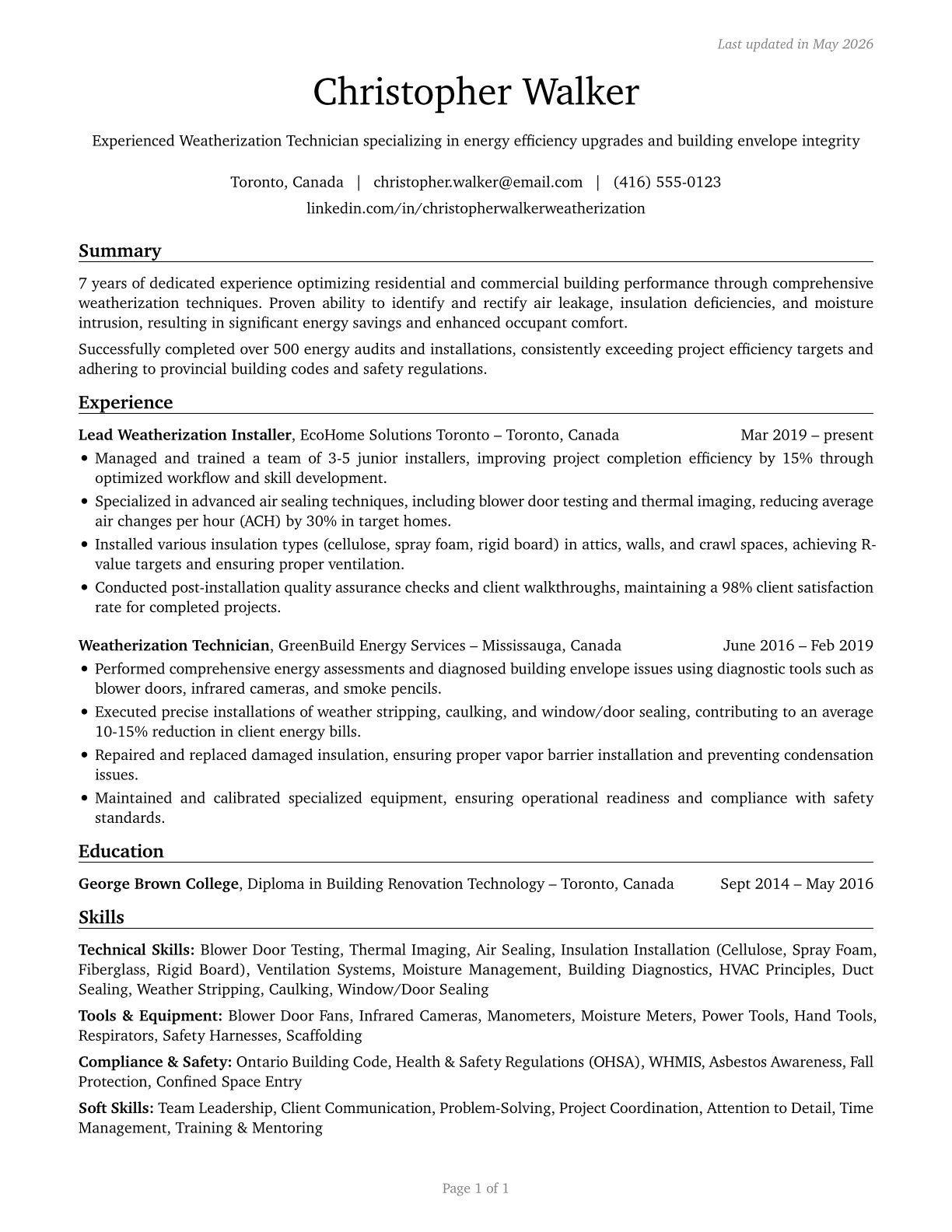 Weatherization Installers and Technicians CV in English — page 1