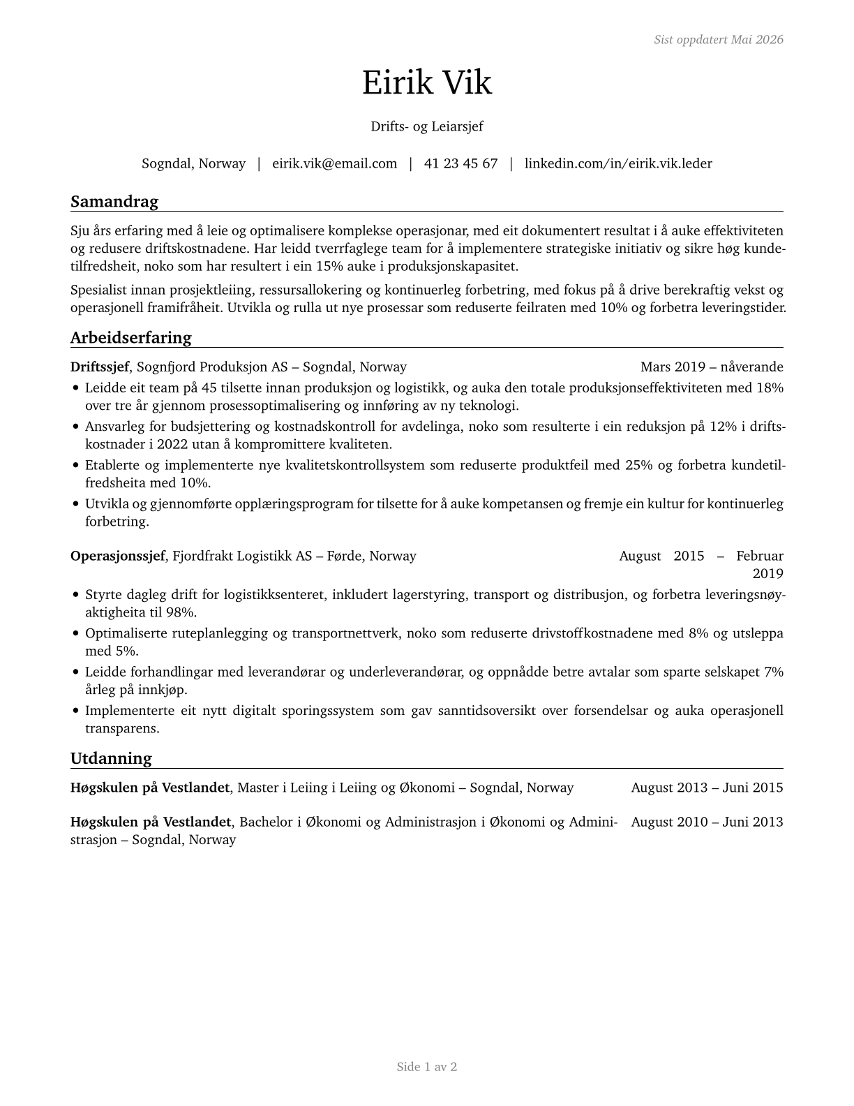 General and Operations Managers CV in Norwegian_nynorsk — page 1