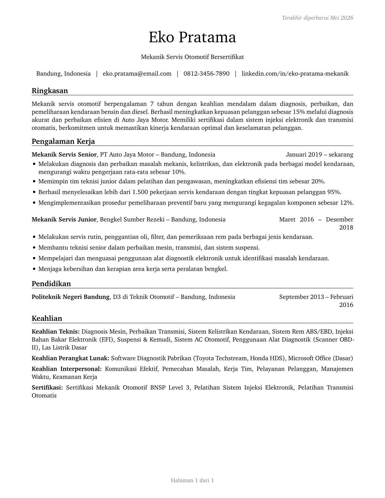 Automotive Service Technicians and Mechanics CV in Indonesian — page 1