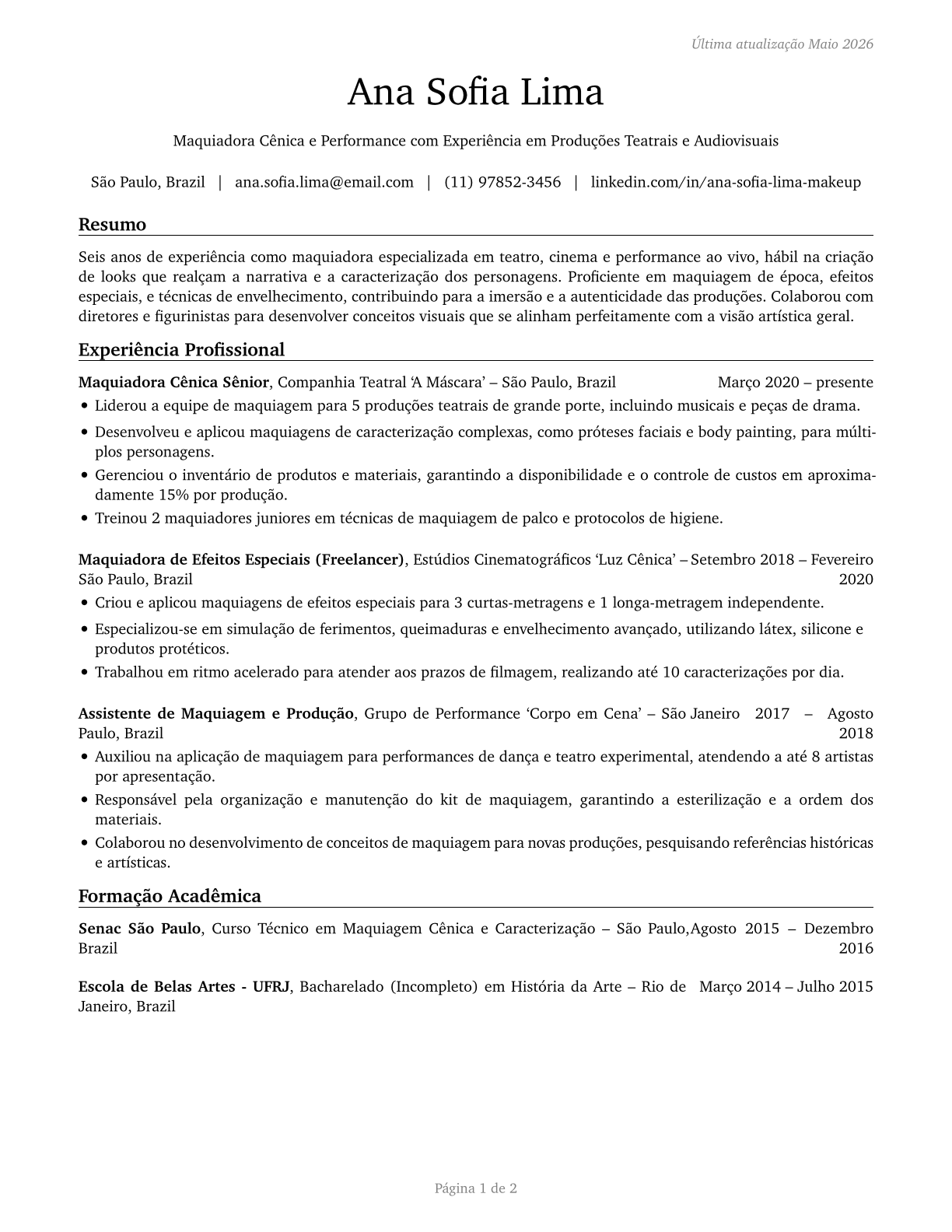Makeup Artists, Theatrical and Performance CV in Portuguese — page 1