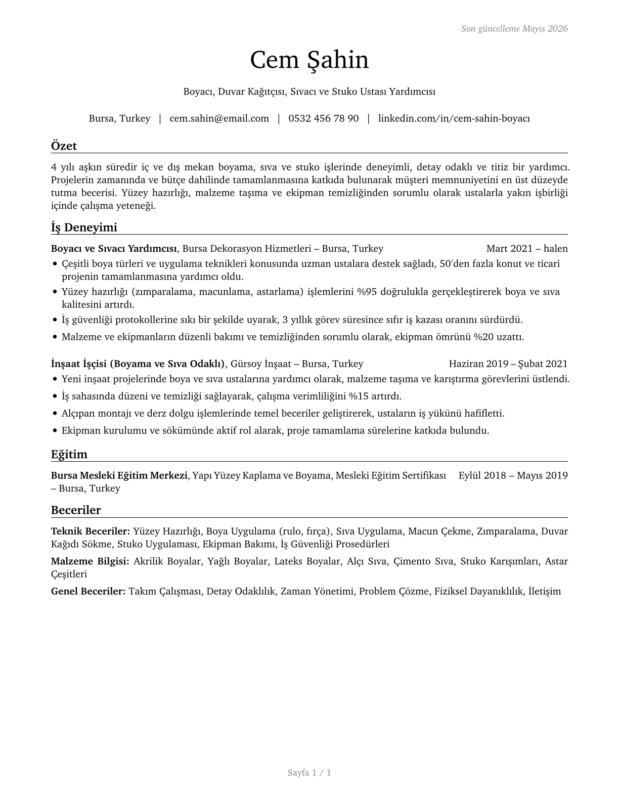 Helpers--Painters, Paperhangers, Plasterers, and Stucco Masons CV in Turkish — page 1