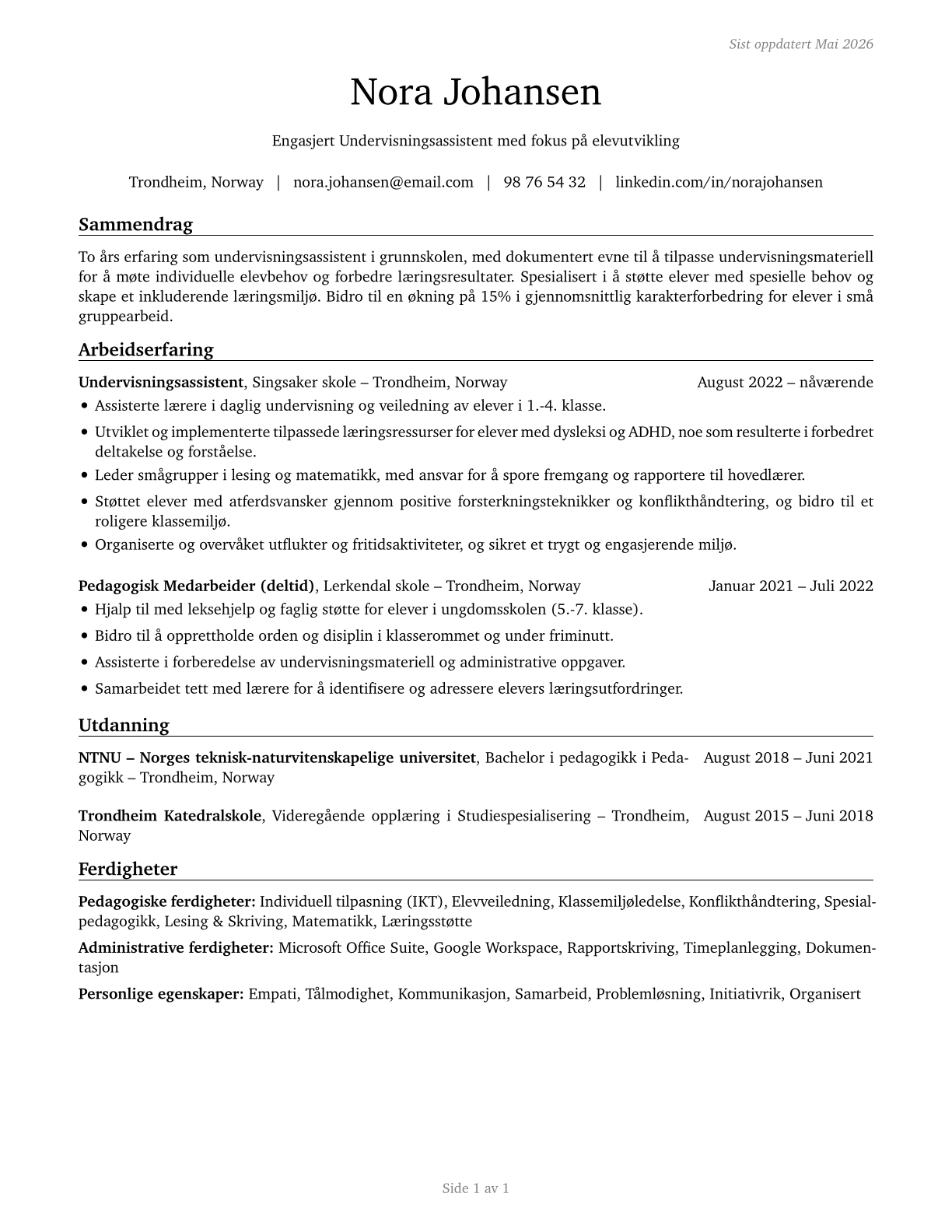 Teaching Assistants, All Other CV in Norwegian_bokmal — page 1