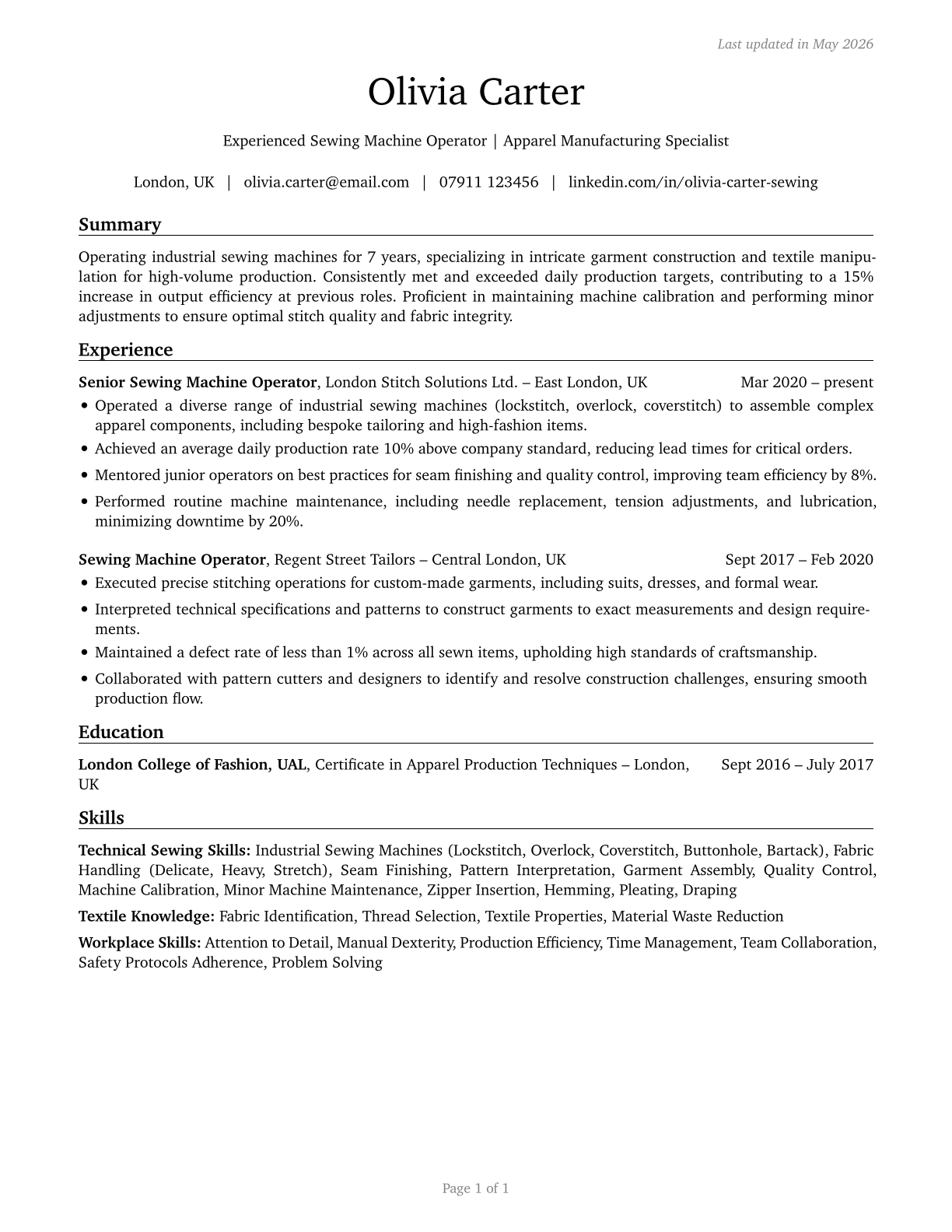 Sewing Machine Operators CV in English — page 1