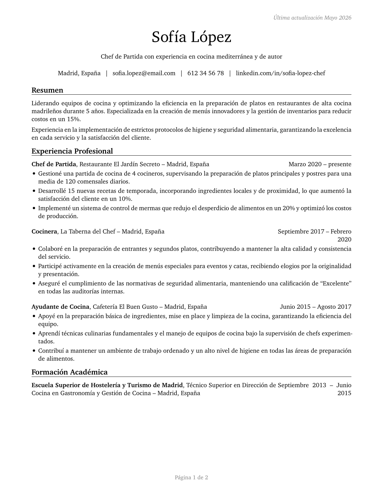 Cooks, Restaurant CV in Spanish — page 1