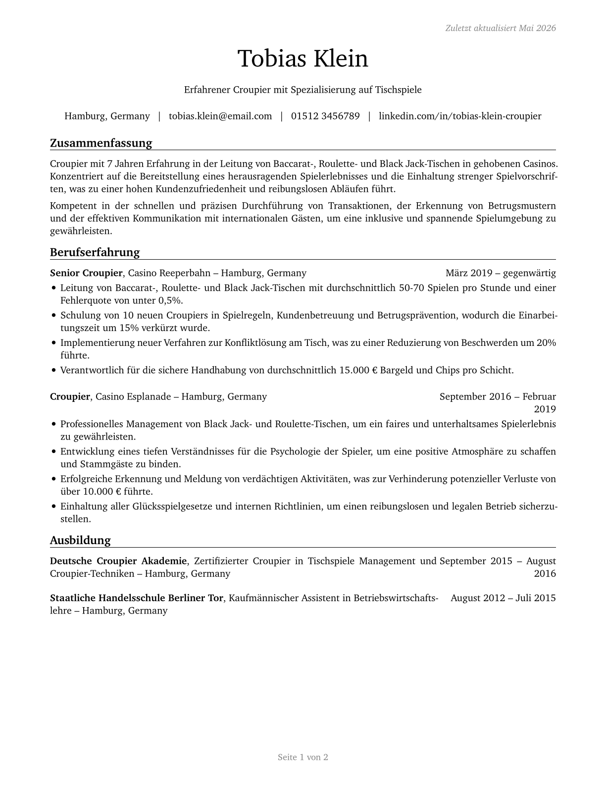 Gambling Dealers CV in German — page 1