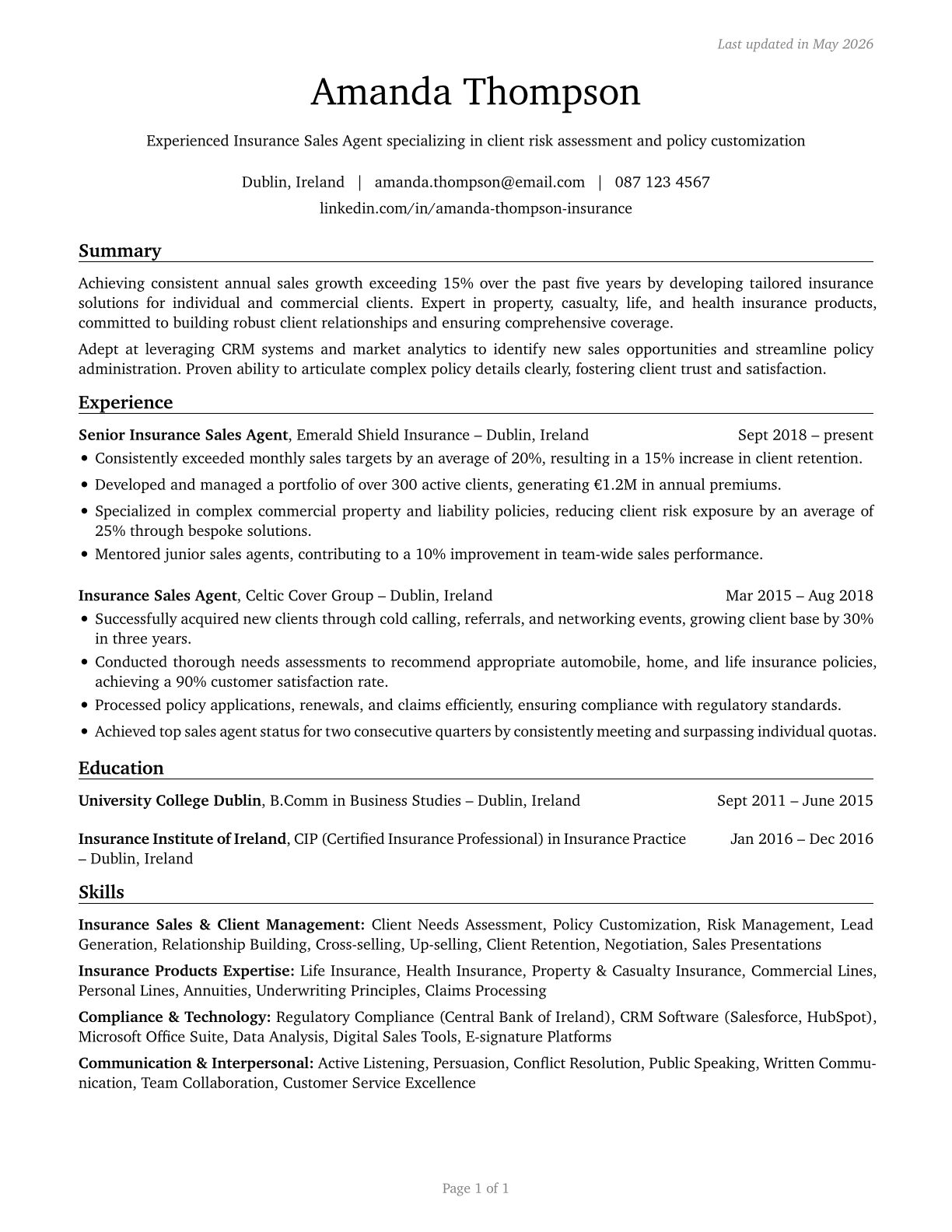 Insurance Sales Agents CV in English — page 1