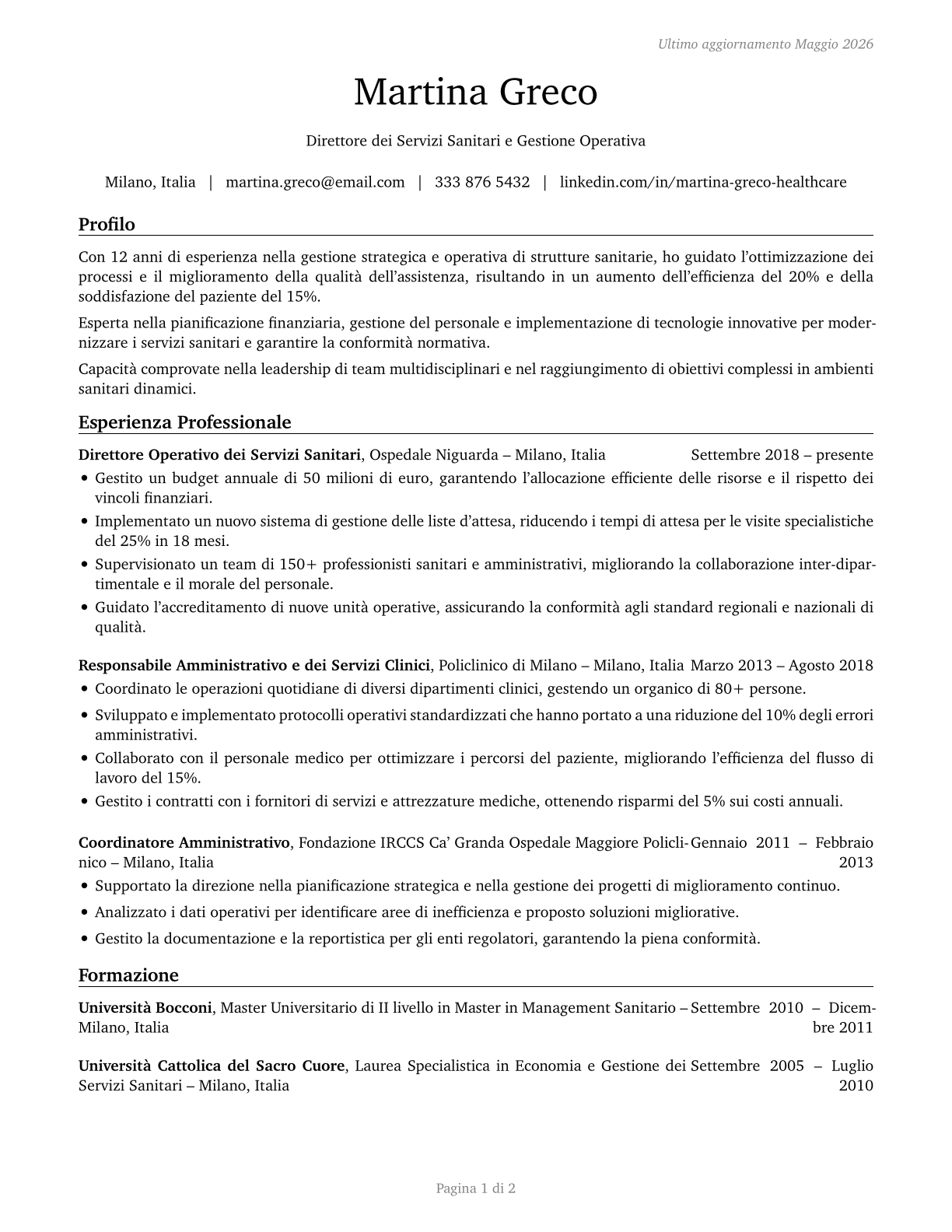 Medical and Health Services Managers CV in Italian — page 1