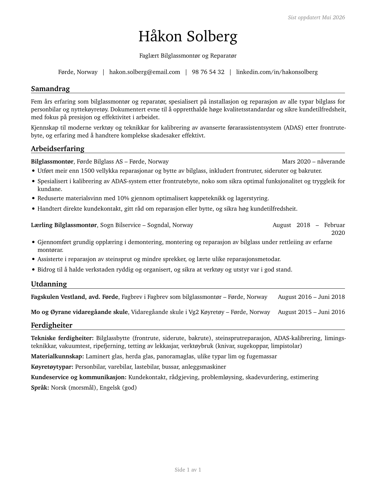 Automotive Glass Installers and Repairers CV in Norwegian_nynorsk — page 1