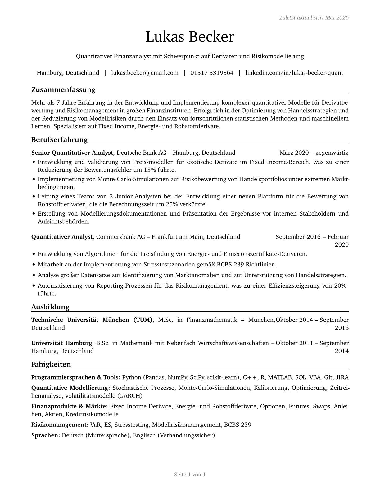 Financial Quantitative Analysts CV in German — page 1