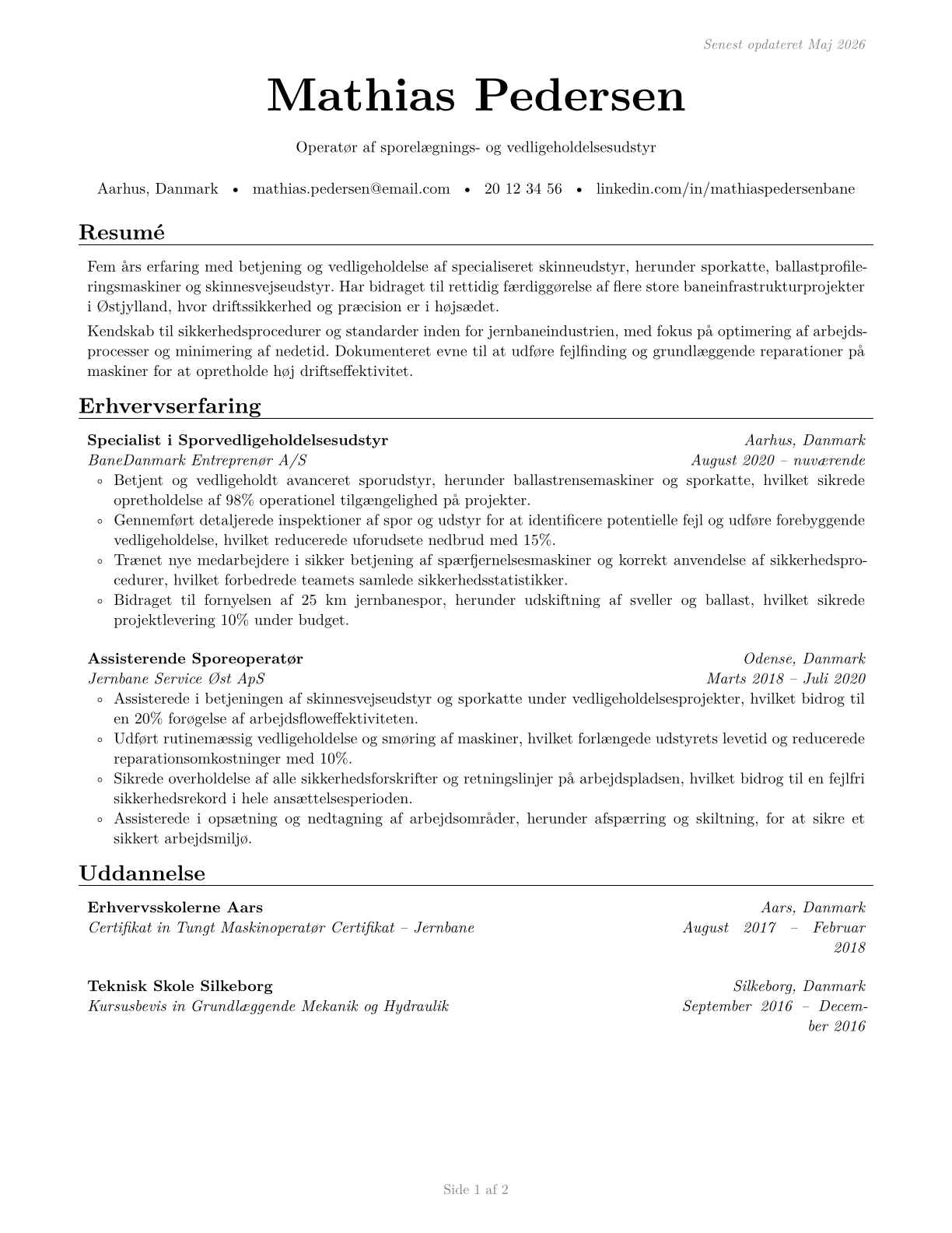Rail-Track Laying and Maintenance Equipment Operators CV in Danish — page 1