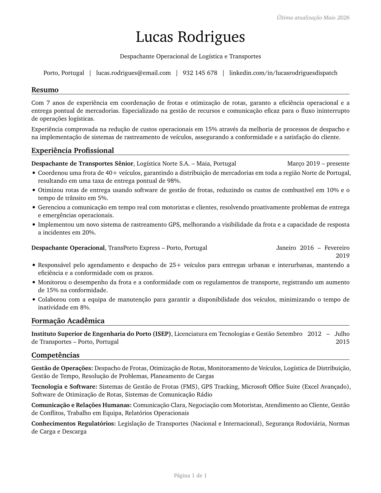 Dispatchers, Except Police, Fire, and Ambulance CV in Portuguese — page 1