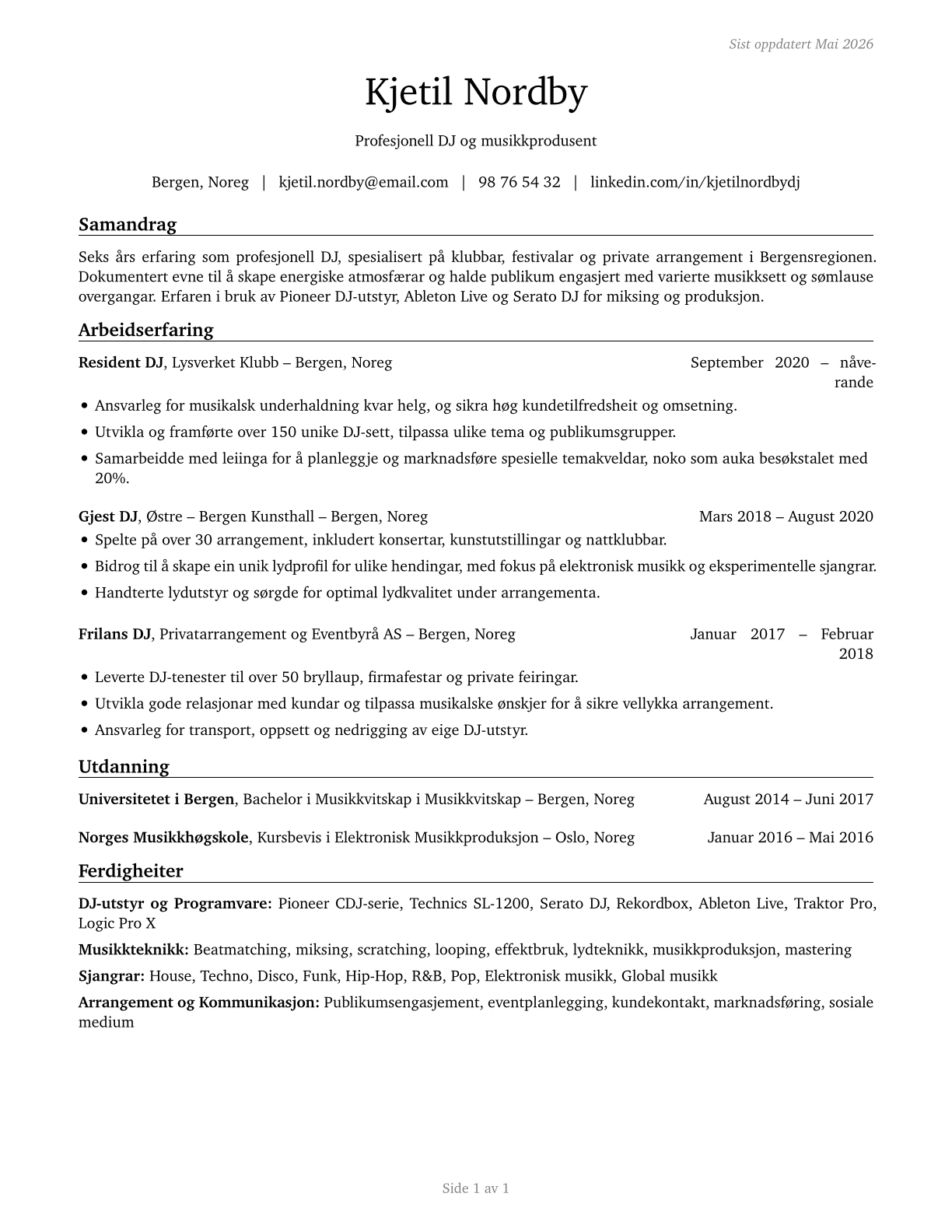 Disc Jockeys, Except Radio CV in Norwegian_nynorsk — page 1