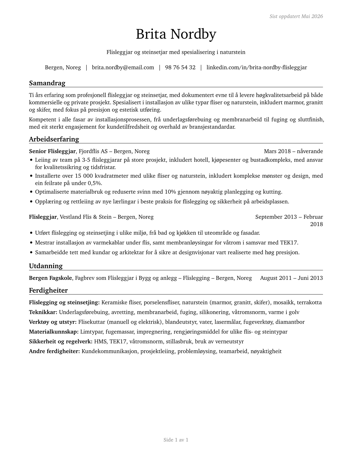 Tile and Stone Setters CV in Norwegian_nynorsk — page 1