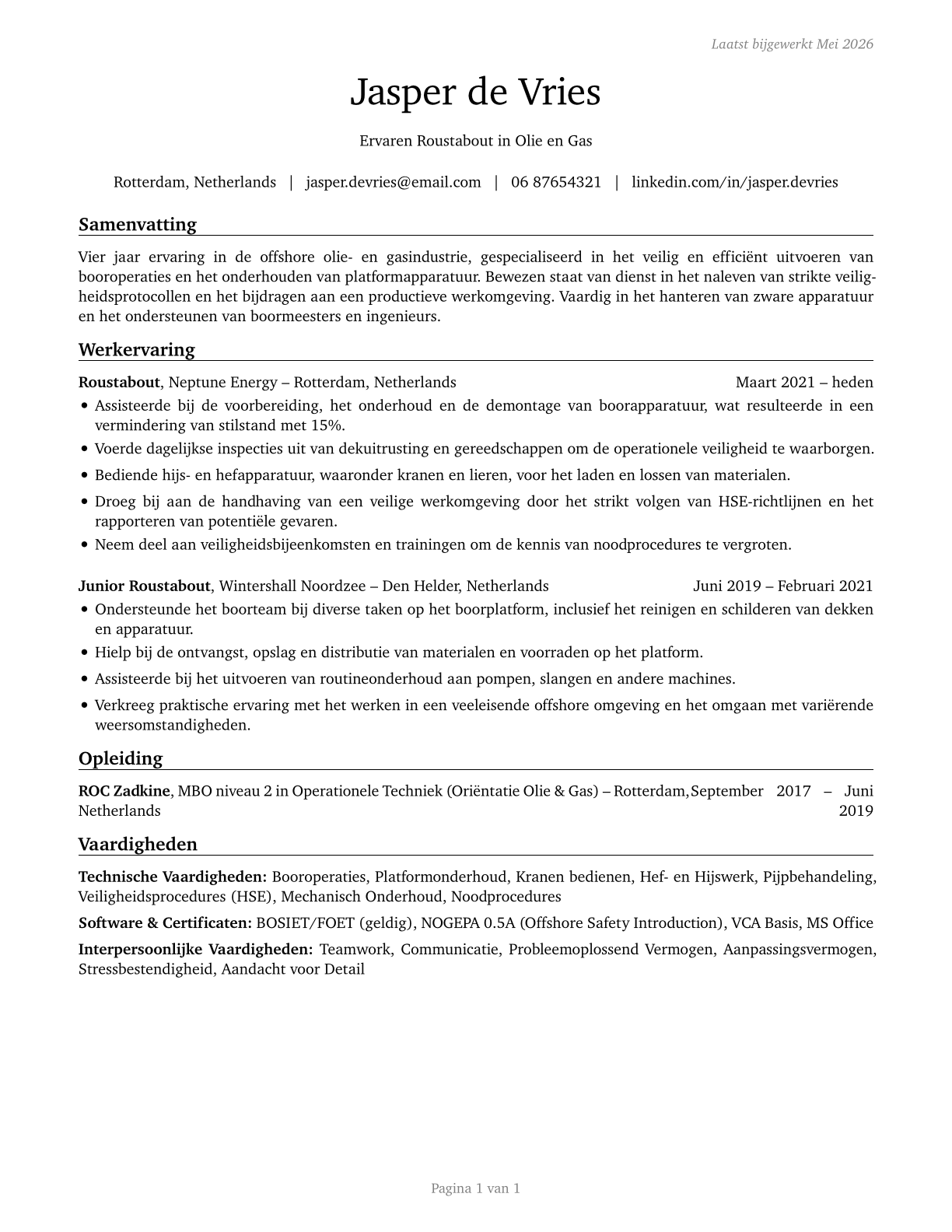 Roustabouts, Oil and Gas CV in Dutch — page 1